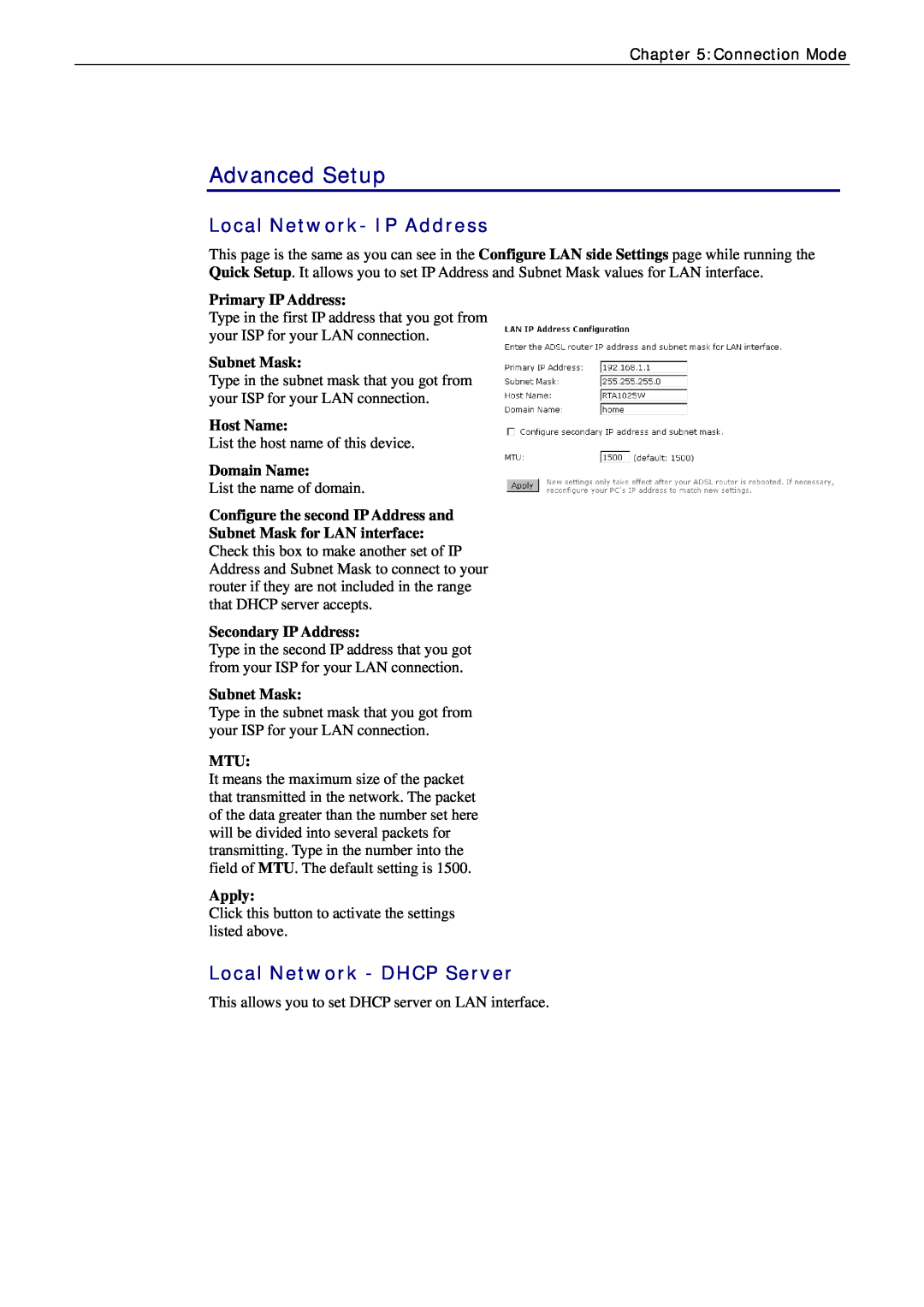 Siemens CL-010 Advanced Setup, Local Network- IP Address, Local Network - DHCP Server, Primary IP Address, Subnet Mask 