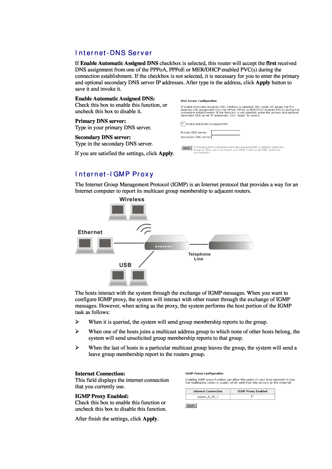 Siemens CL-010-I Internet-DNS Server, Internet-IGMP Proxy, Primary DNS server, Secondary DNS server, Internet Connection 