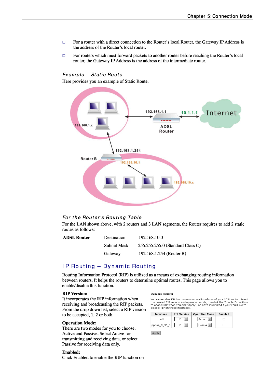 Siemens CL-010 IP Routing - Dynamic Routing, Example - Static Route, For the Router’s Routing Table, ADSL Router, Enabled 