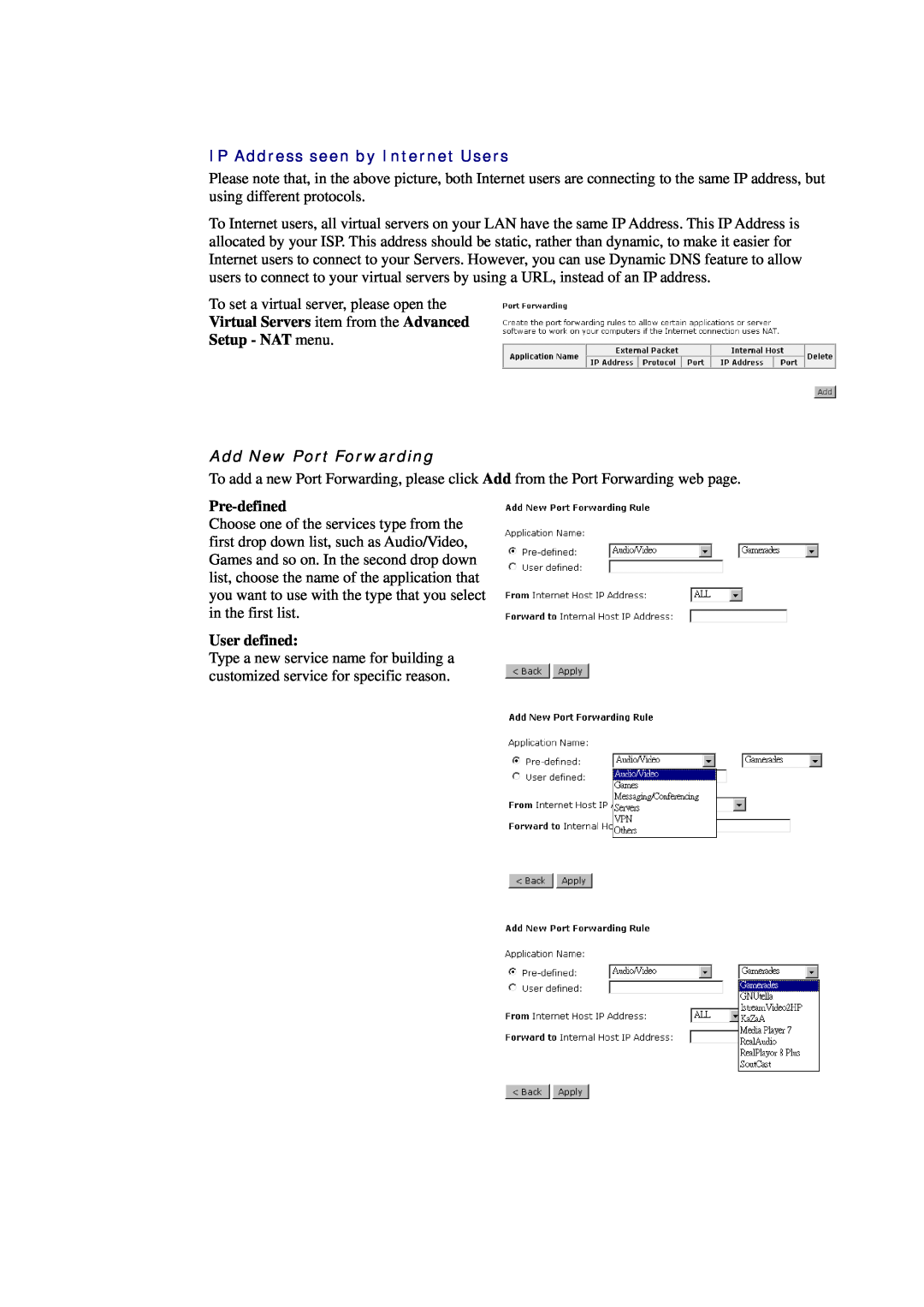 Siemens CL-010-I manual IP Address seen by Internet Users, Add New Port Forwarding, Pre-defined, User defined 