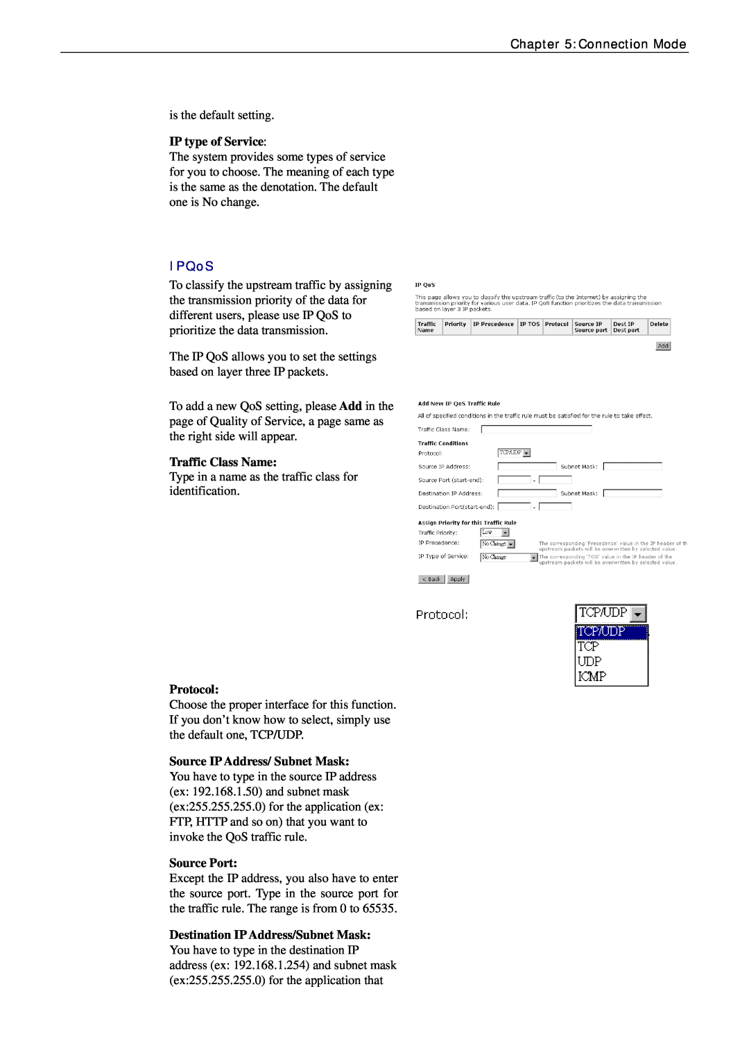 Siemens CL-010 manual IP type of Service, IPQoS, Traffic Class Name, Protocol, Source IP Address/ Subnet Mask, Source Port 