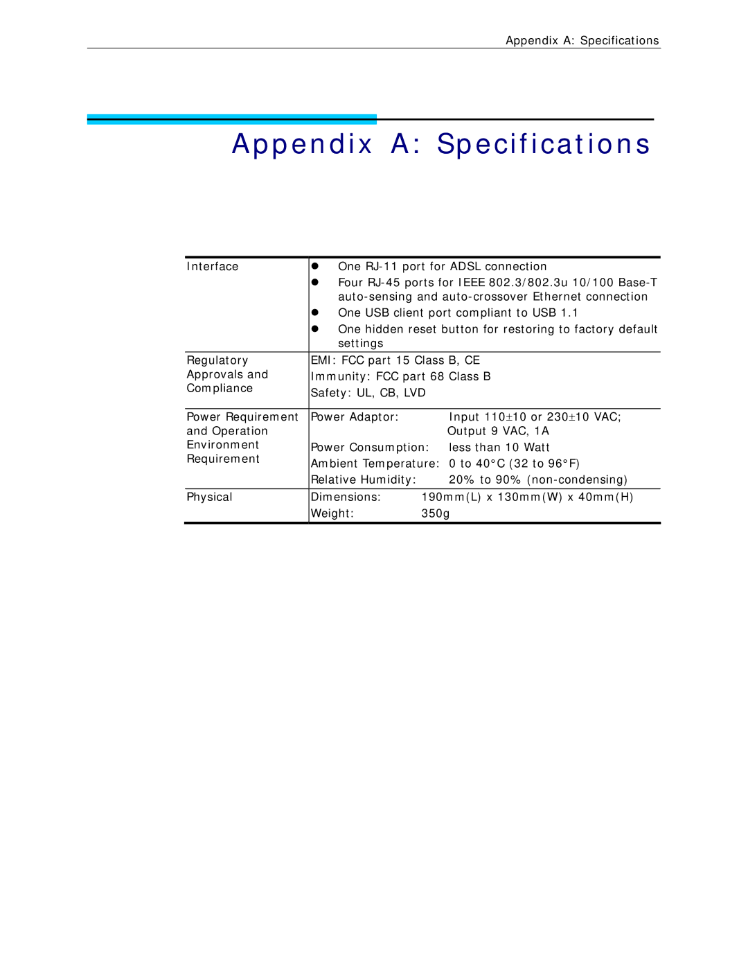 Siemens CL-110 user manual Appendix a Specifications, Interface One RJ-11 port for Adsl connection 