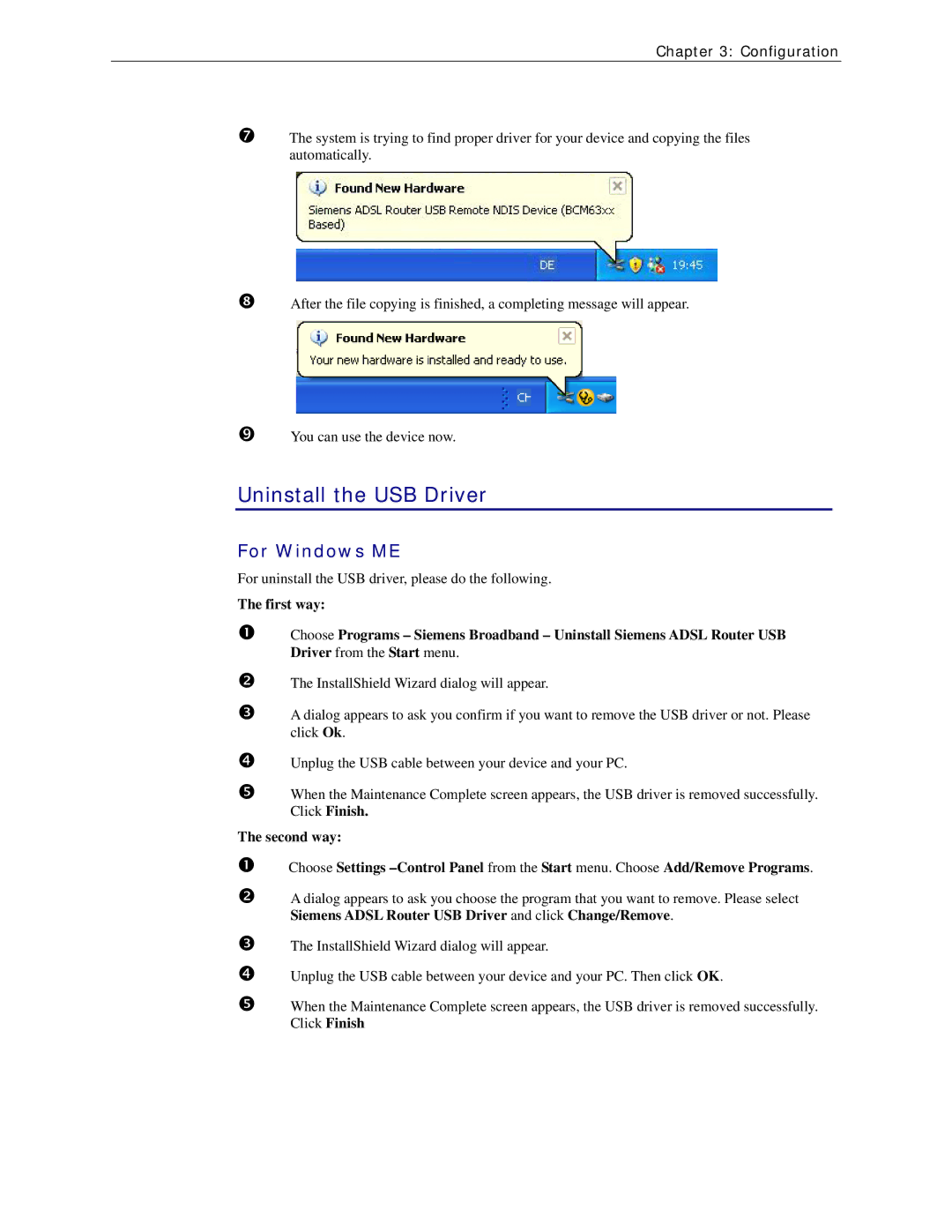 Siemens CL-110 user manual Uninstall the USB Driver, For Windows ME 