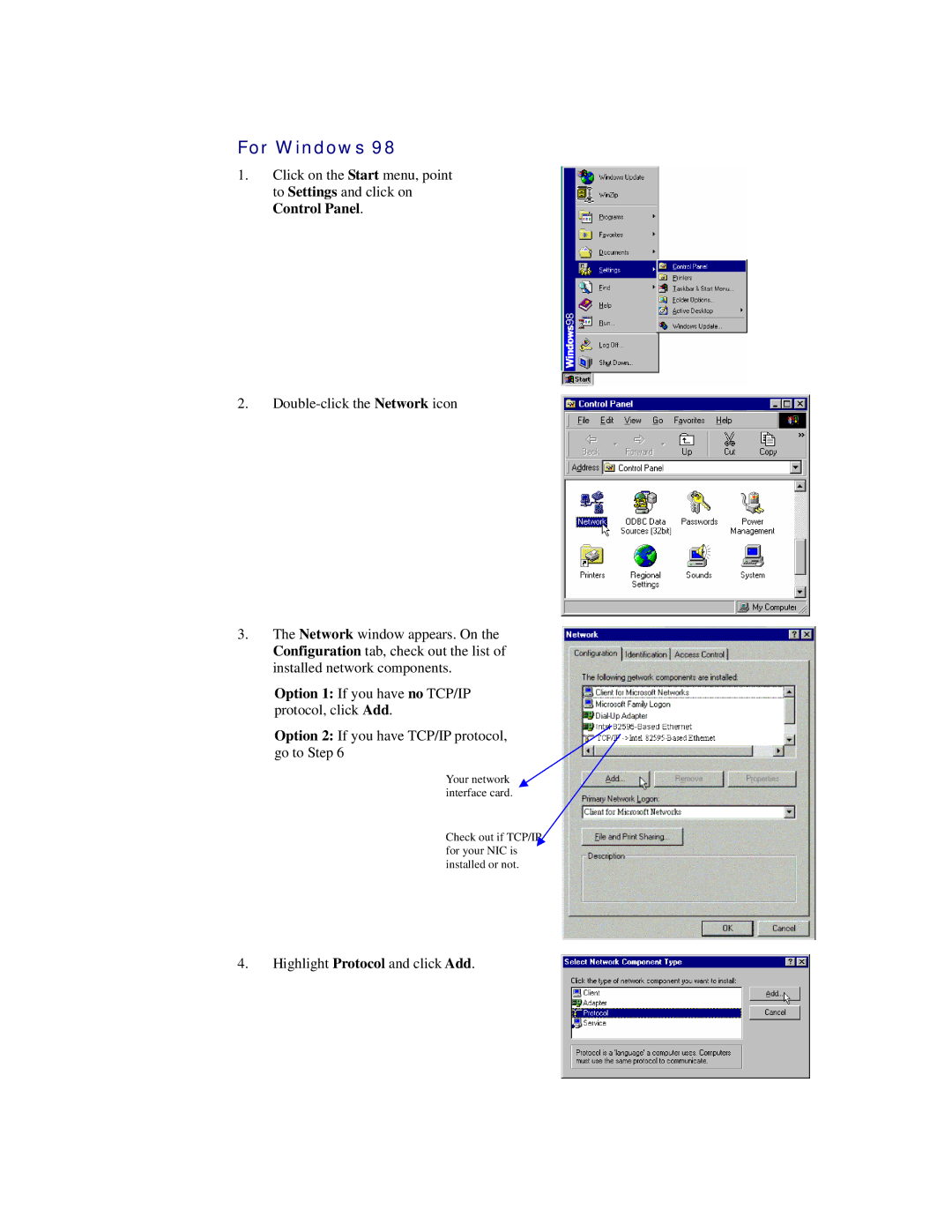 Siemens CL-110 user manual For Windows, Option 1 If you have no TCP/IP protocol, click Add 