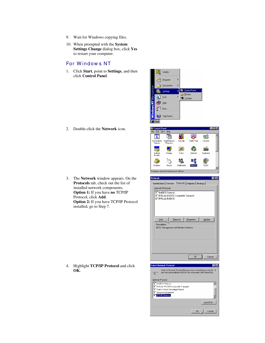 Siemens CL-110 user manual For Windows NT, Highlight TCP/IP Protocol and click OK 