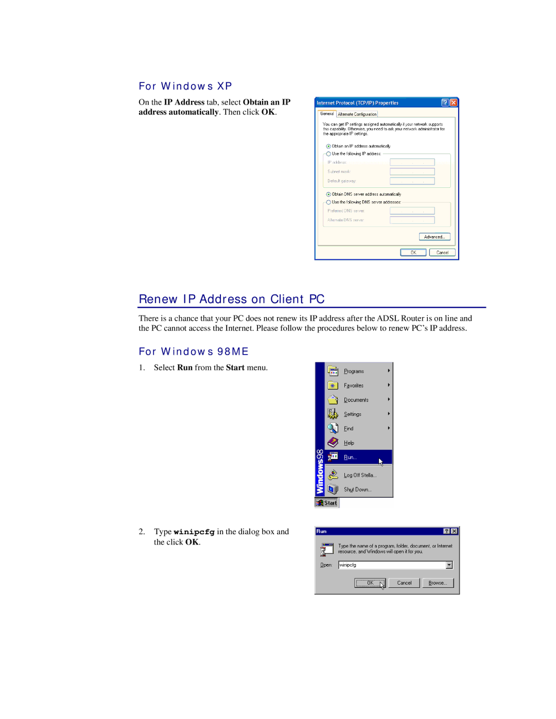 Siemens CL-110 user manual Renew IP Address on Client PC, For Windows 98ME 