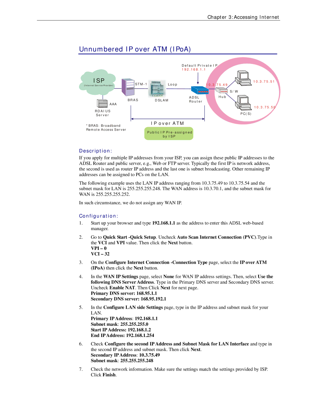 Siemens CL-110 user manual Unnumbered IP over ATM IPoA, Primary DNS server Secondary DNS server 