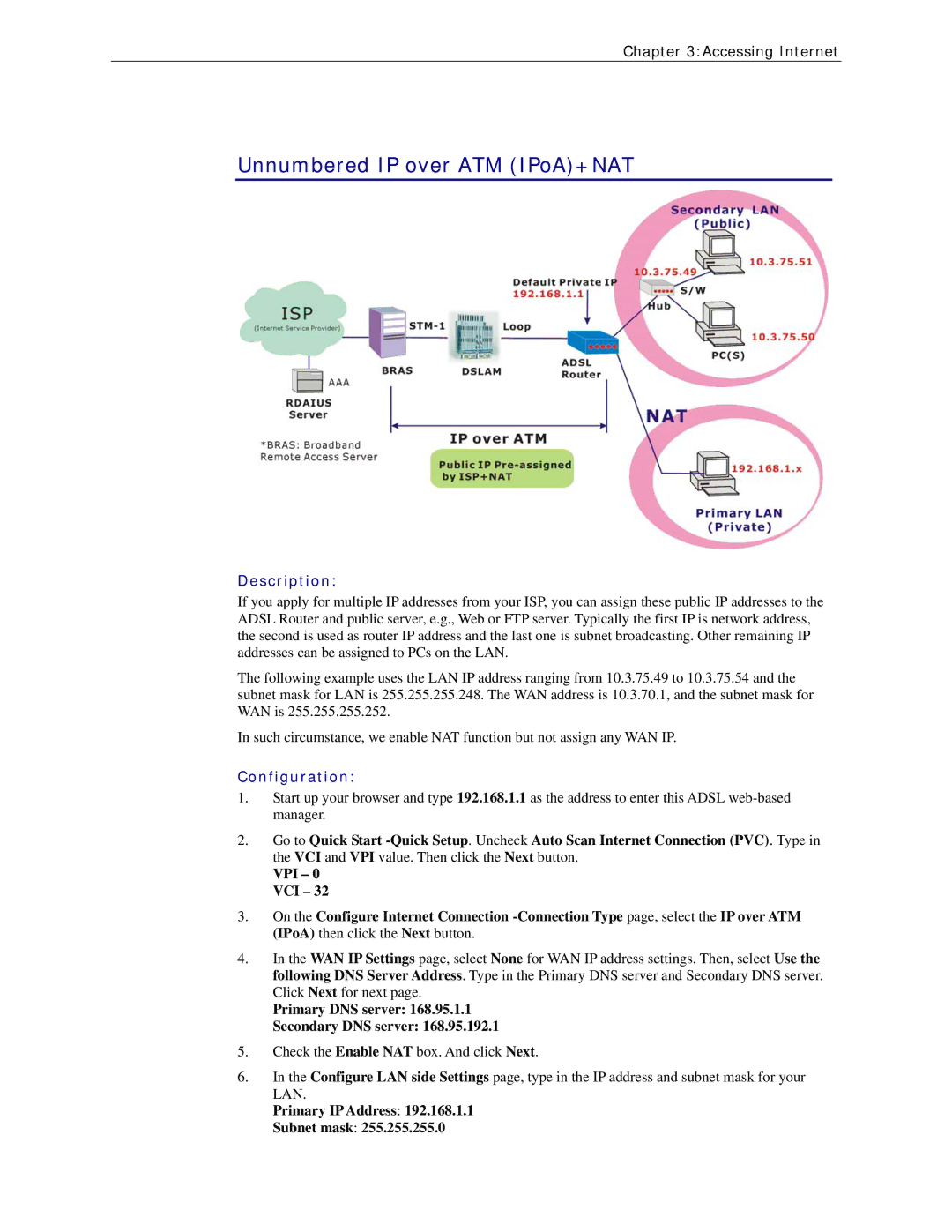 Siemens CL-110 user manual Unnumbered IP over ATM IPoA+NAT, Primary IP Address Subnet mask 