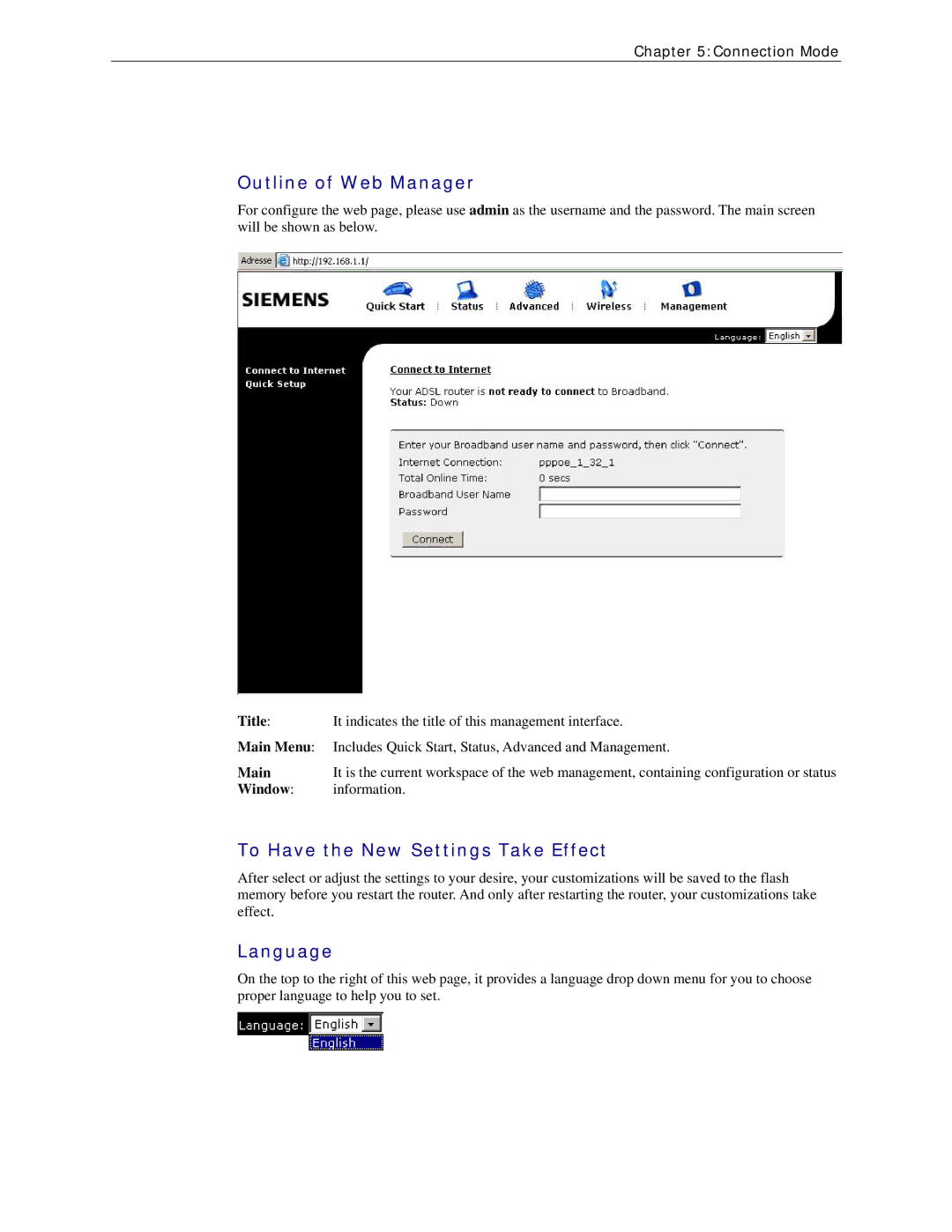 Siemens CL-110 user manual Outline of Web Manager, To Have the New Settings Take Effect, Language 