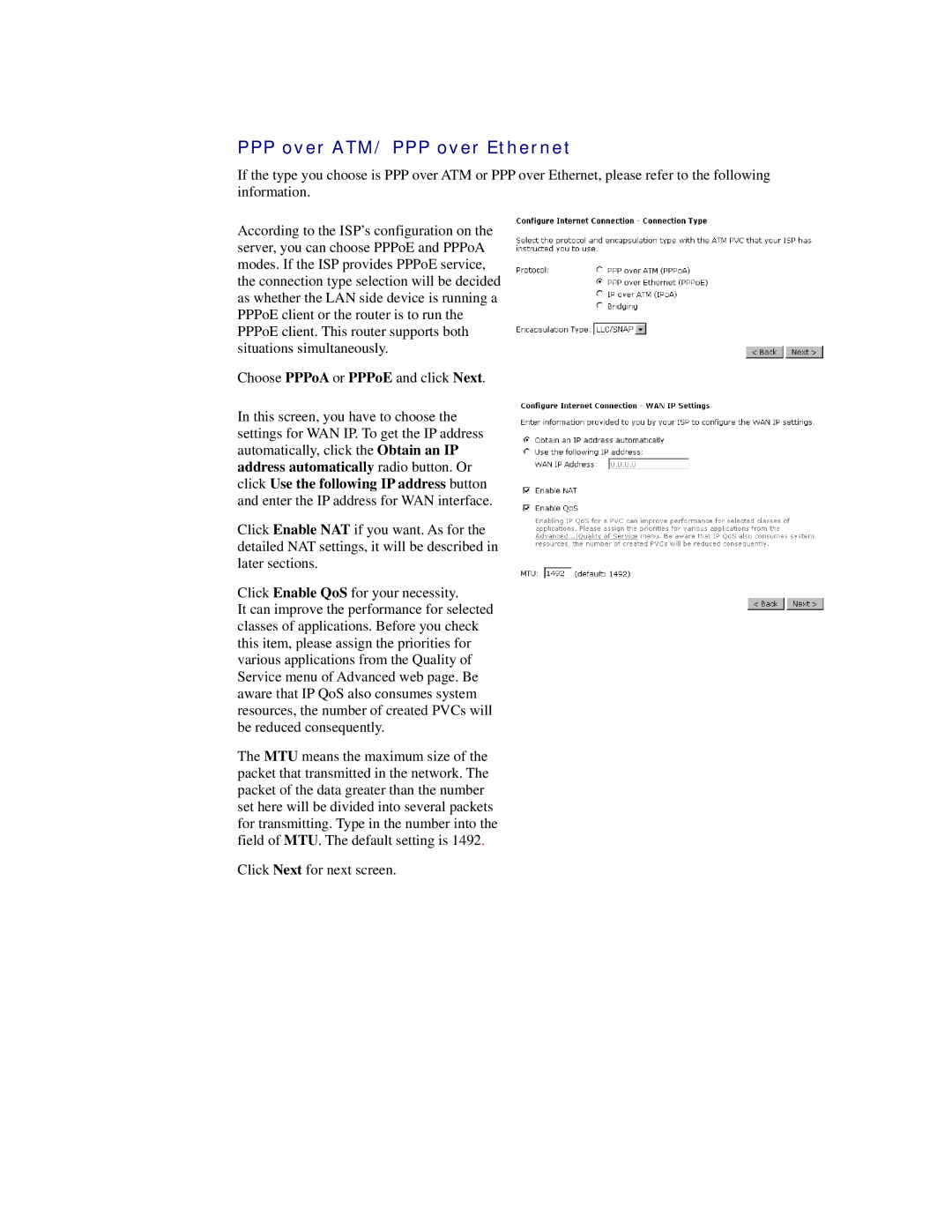 Siemens CL-110 user manual PPP over ATM/ PPP over Ethernet, Choose PPPoA or PPPoE and click Next 