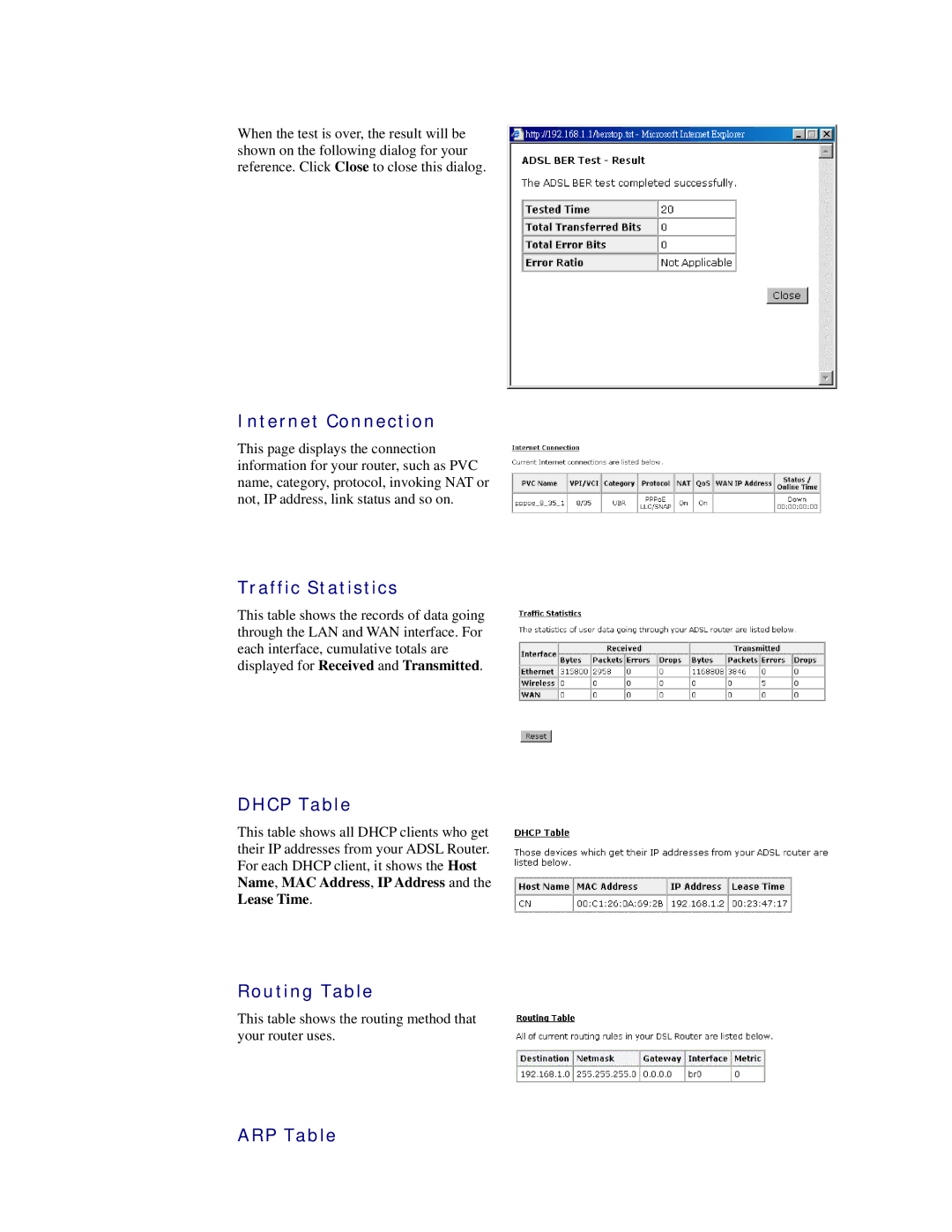 Siemens CL-110 user manual Internet Connection, Traffic Statistics, Dhcp Table, Routing Table, ARP Table 