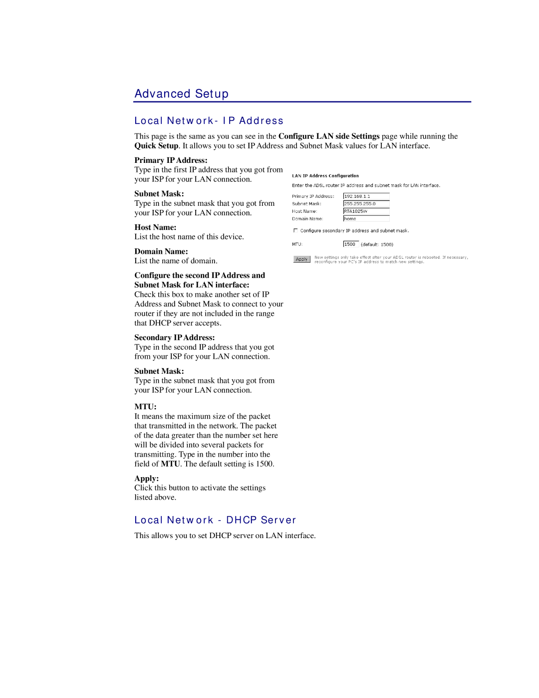 Siemens CL-110 user manual Advanced Setup, Local Network- IP Address, Local Network Dhcp Server 