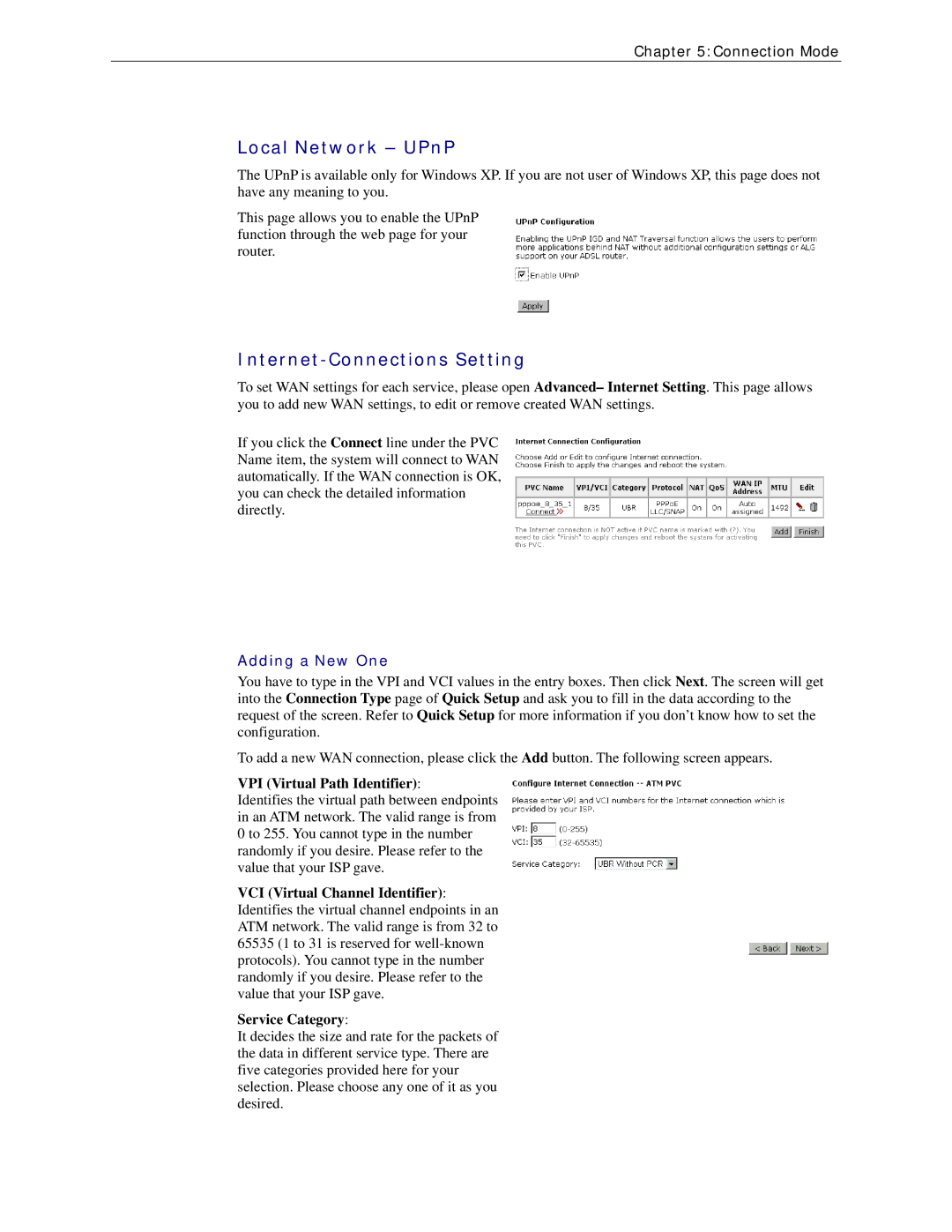 Siemens CL-110 user manual Local Network UPnP, Internet-Connections Setting, Adding a New One, VPI Virtual Path Identifier 