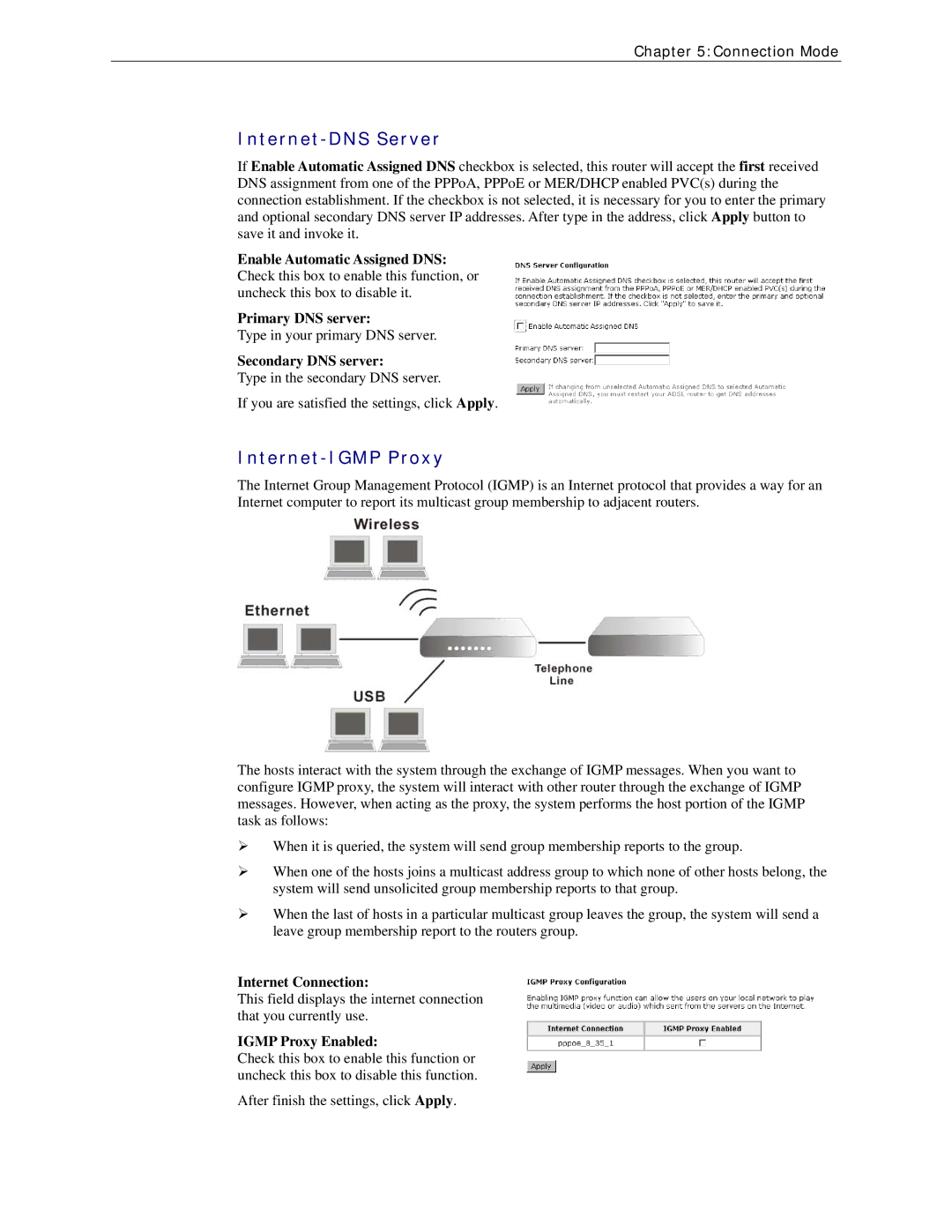 Siemens CL-110 user manual Internet-DNS Server, Internet-IGMP Proxy, Internet Connection, Igmp Proxy Enabled 