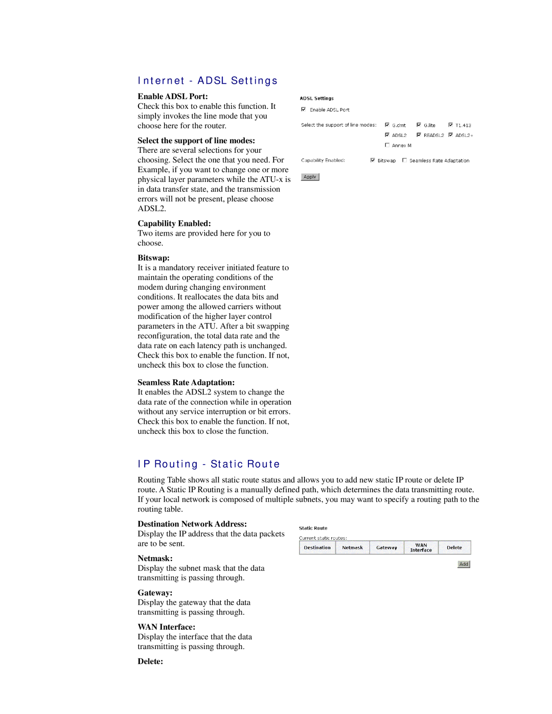 Siemens CL-110 user manual Internet Adsl Settings, IP Routing Static Route 