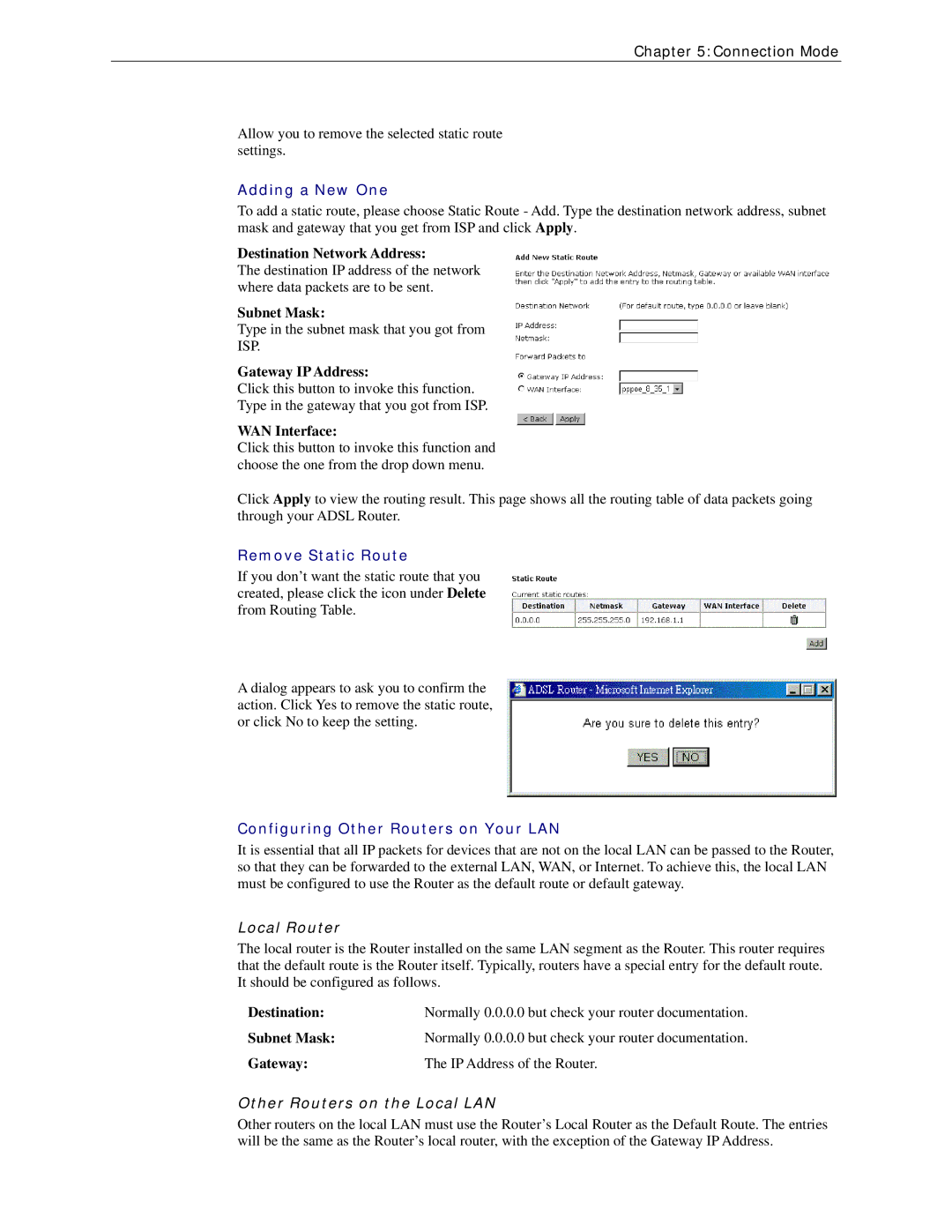 Siemens CL-110 user manual Gateway IP Address, Remove Static Route, Configuring Other Routers on Your LAN, Destination 