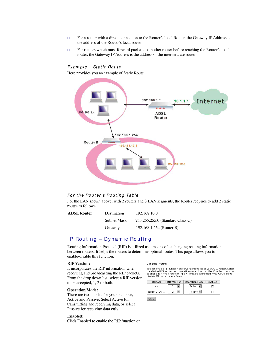 Siemens CL-110 user manual IP Routing Dynamic Routing, Adsl Router, RIP Version, Operation Mode, Enabled 