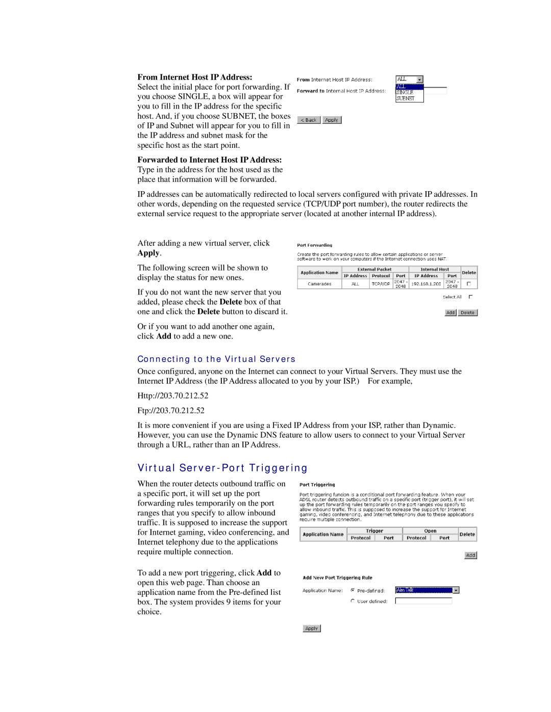 Siemens CL-110 user manual Virtual Server-Port Triggering, From Internet Host IP Address, Connecting to the Virtual Servers 