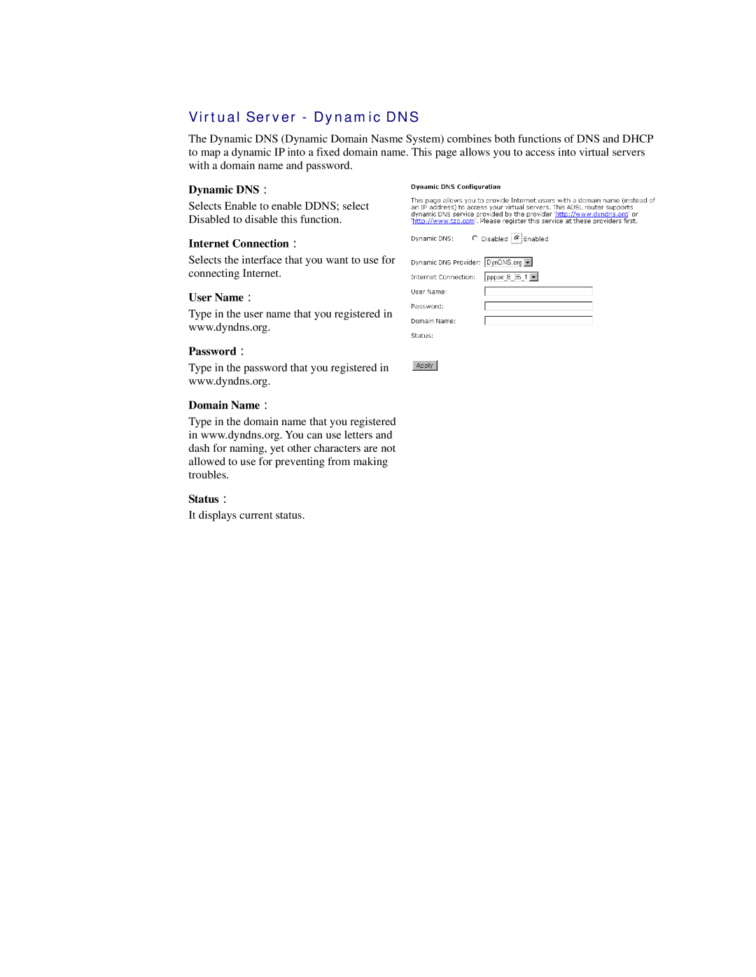 Siemens CL-110 user manual Virtual Server Dynamic DNS 