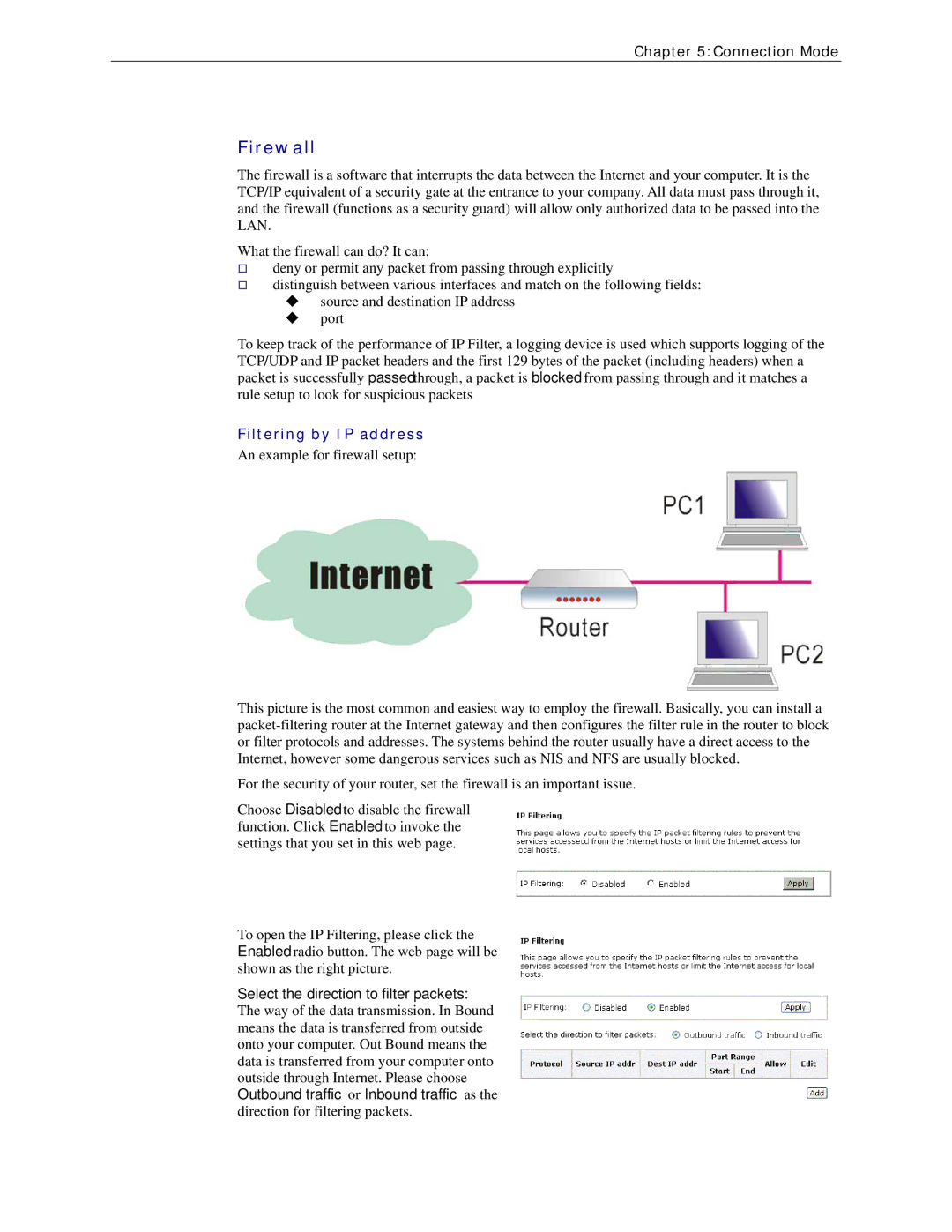 Siemens CL-110 user manual Firewall, Filtering by IP address, Select the direction to filter packets 