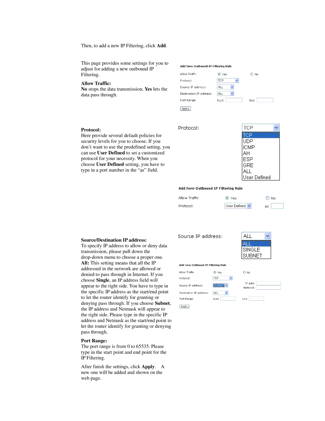 Siemens CL-110 user manual Allow Traffic, Protocol, Source/Destination IP address, Port Range 