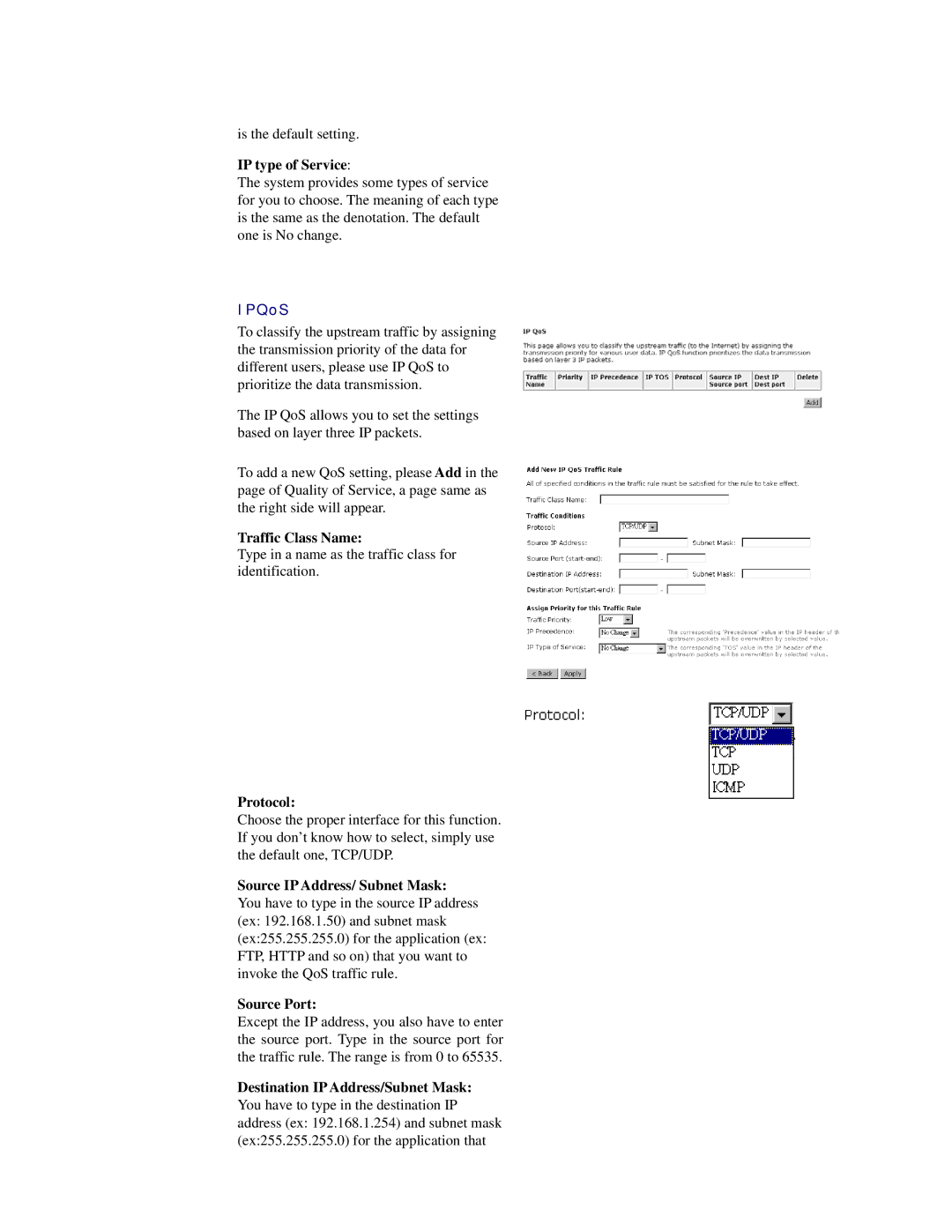 Siemens CL-110 user manual IP type of Service, IPQoS, Source IP Address/ Subnet Mask, Source Port 