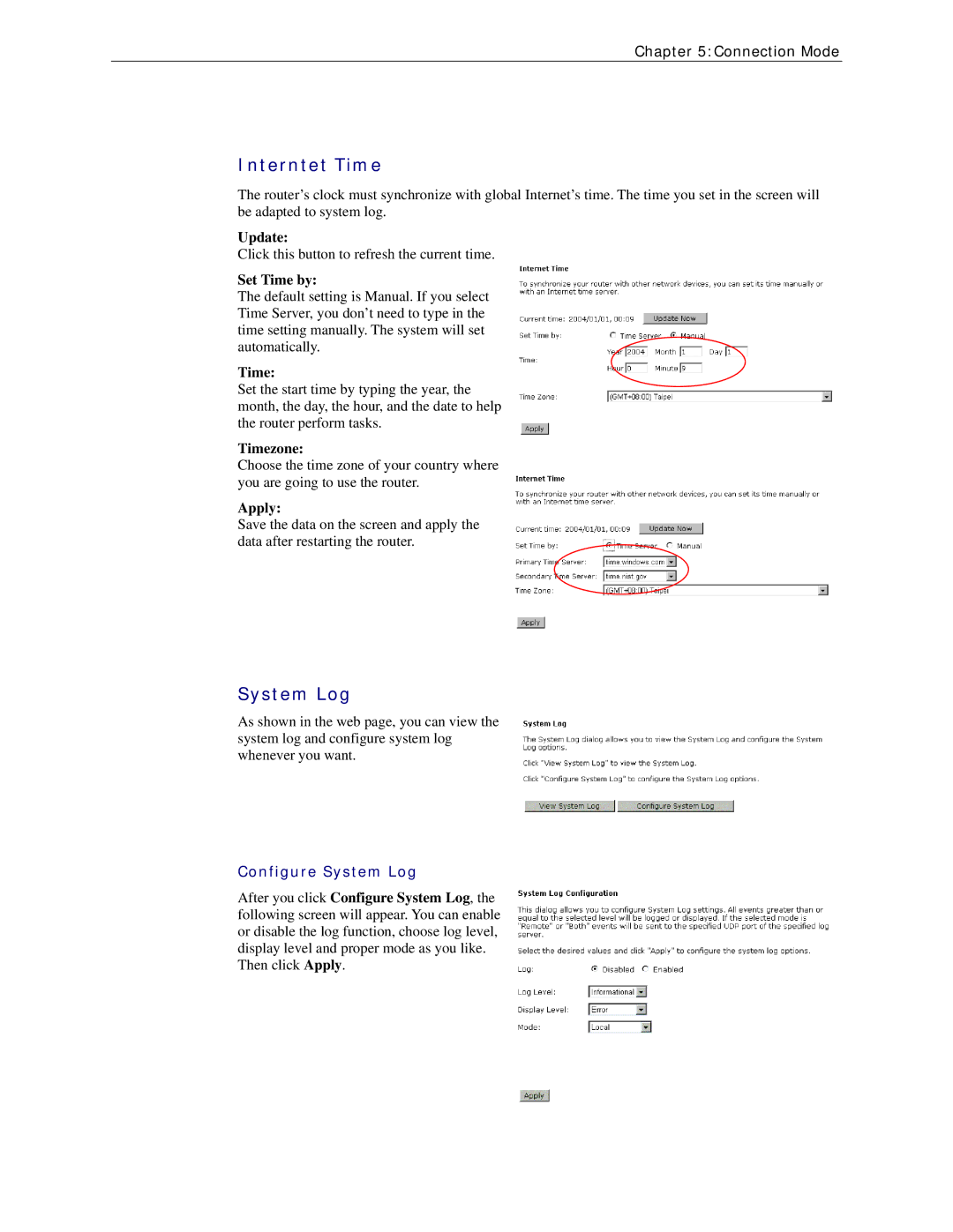 Siemens CL-110 user manual Interntet Time, Configure System Log 