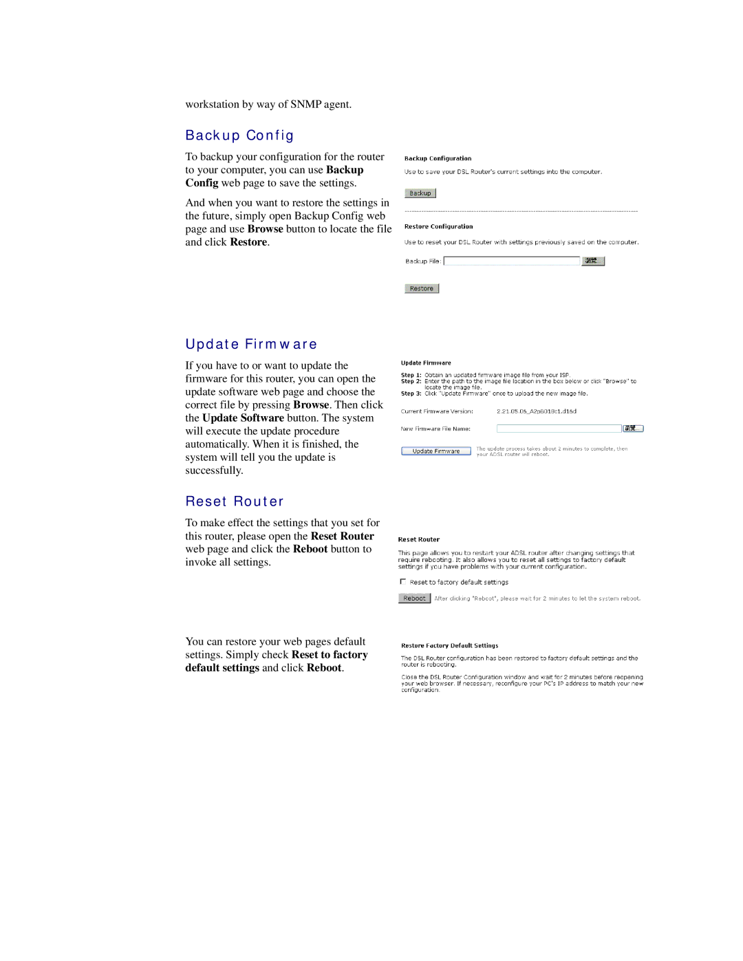 Siemens CL-110 user manual Backup Config, Update Firmware, Reset Router 