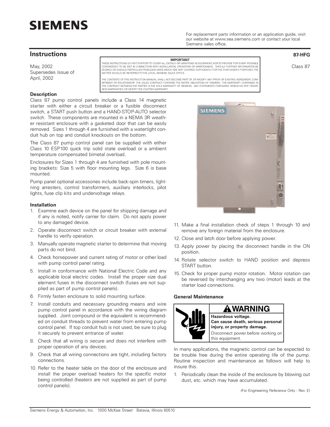 Siemens Class 87 instruction manual Instructions 