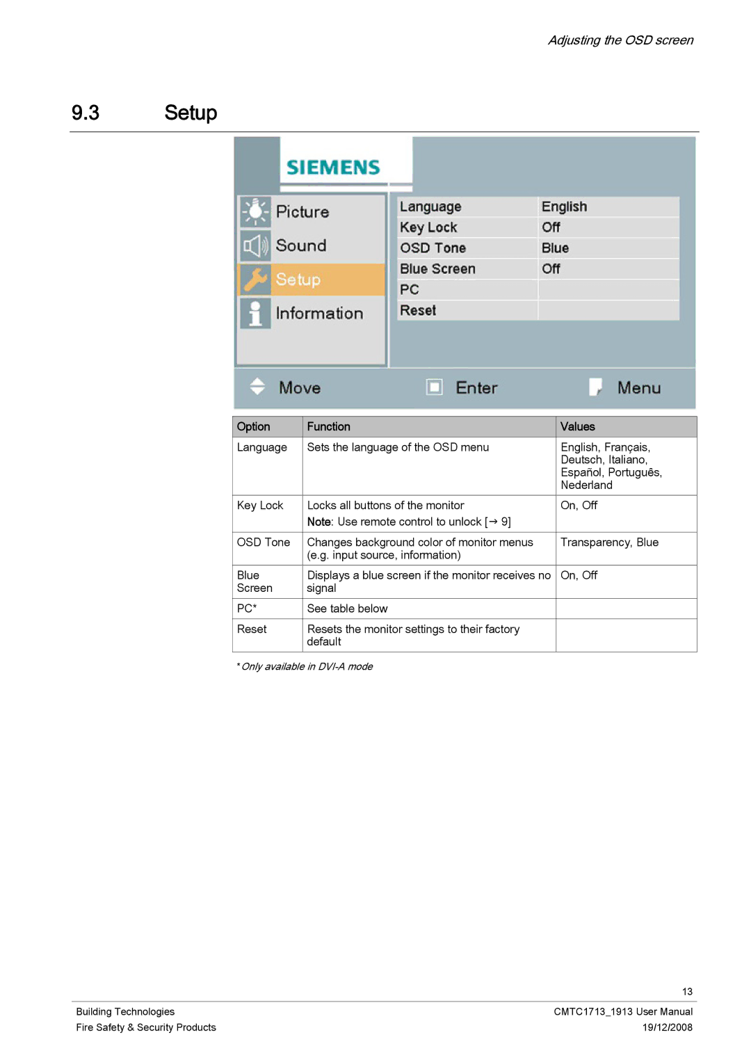 Siemens CMTC1913, CMTC1713 user manual Setup 