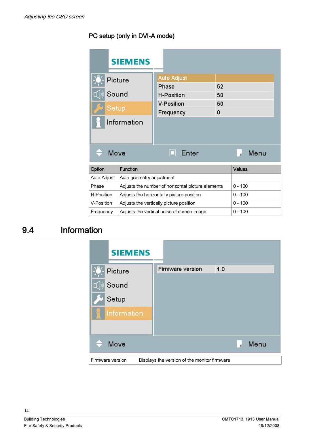 Siemens CMTC1713, CMTC1913 user manual Information, PC setup only in DVI-A mode 