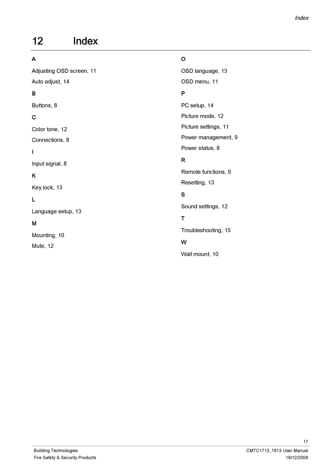 Siemens CMTC1913, CMTC1713 user manual Index 