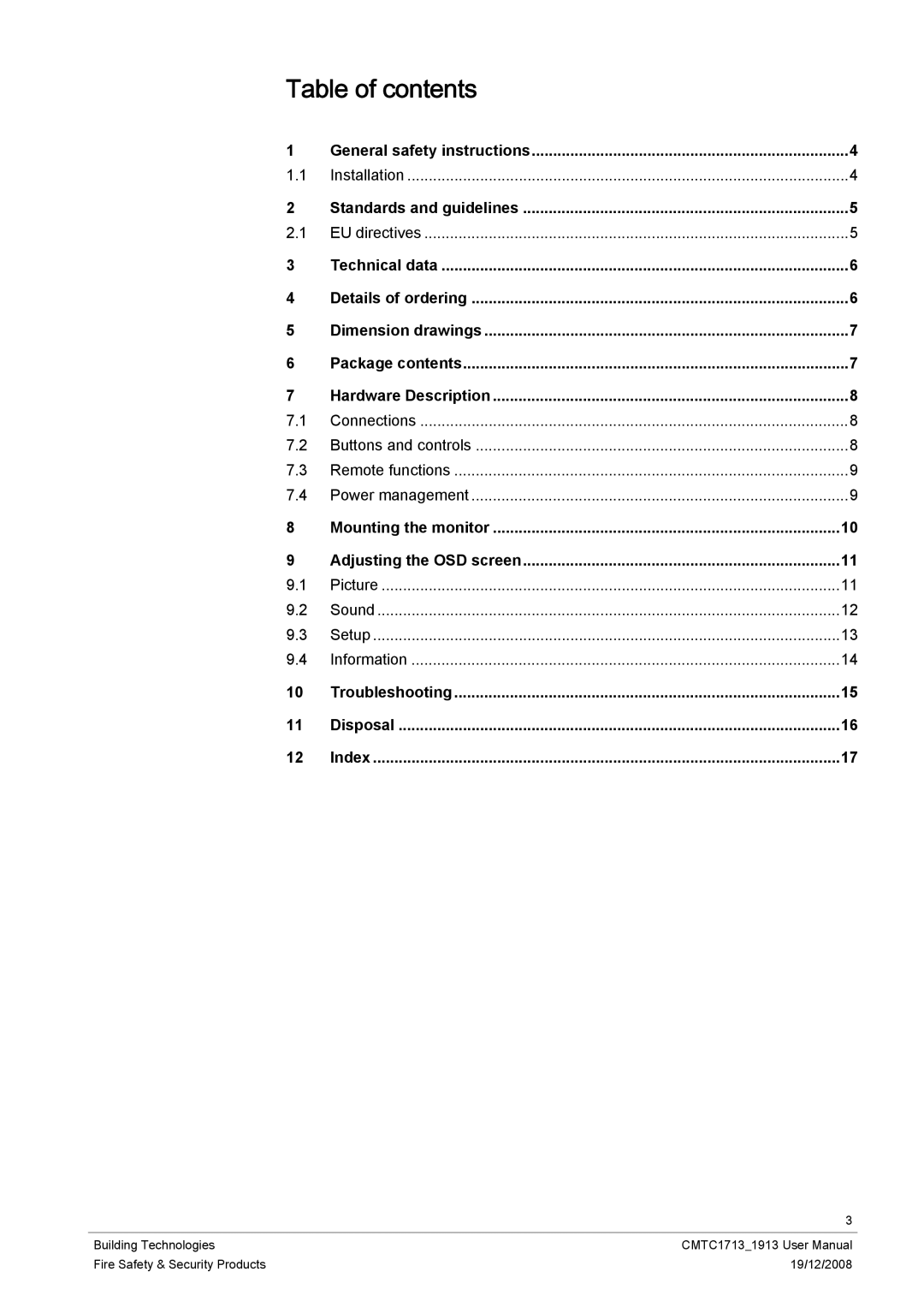 Siemens CMTC1913, CMTC1713 user manual Table of contents 