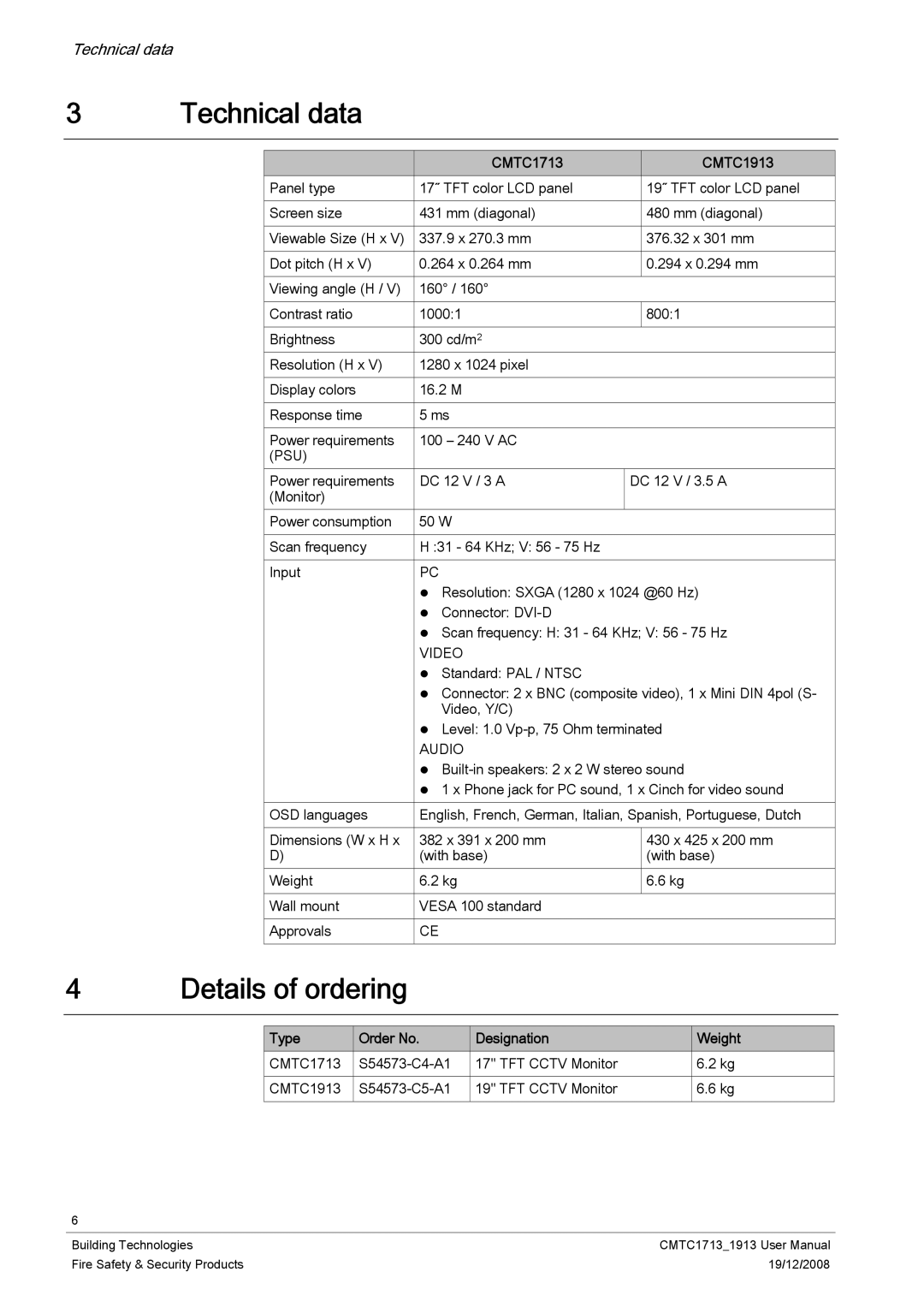 Siemens user manual Technical data, Details of ordering, CMTC1713 CMTC1913, Type Order No Designation Weight 