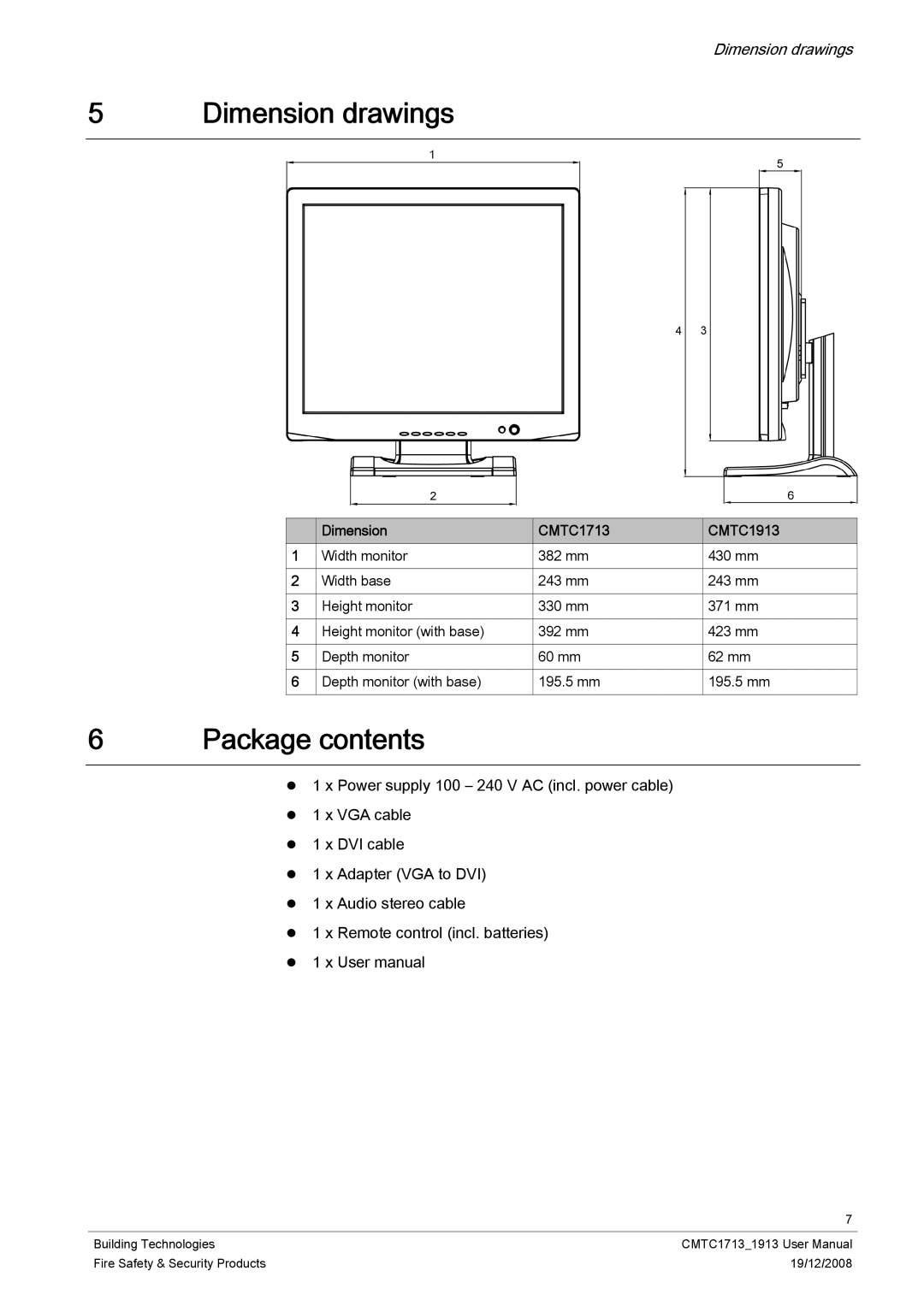 Siemens CMTC1913, CMTC1713 user manual Dimension drawings, Package contents 