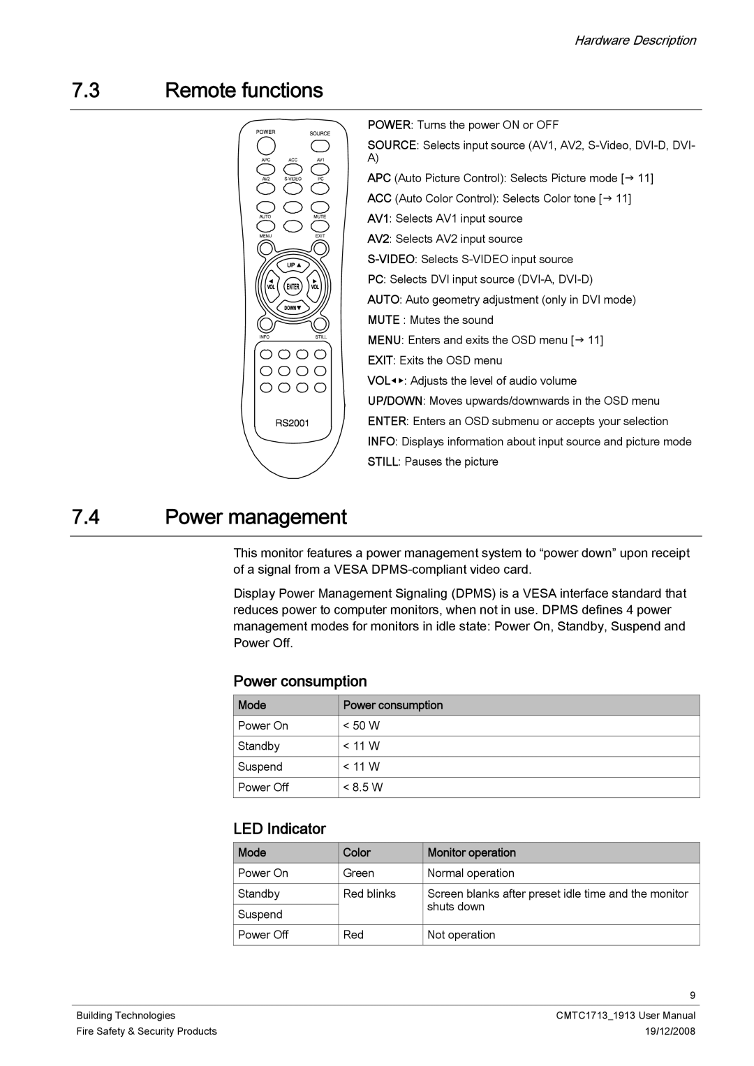 Siemens CMTC1913, CMTC1713 user manual Remote functions, Power management, Power consumption, LED Indicator 