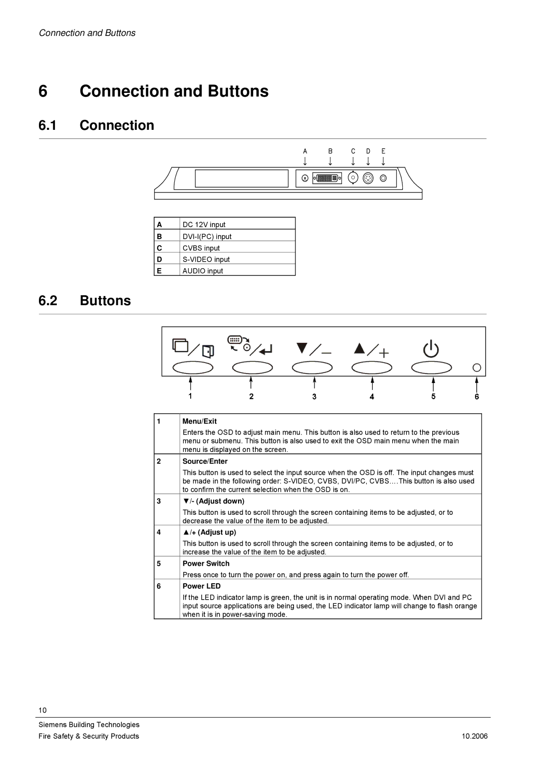 Siemens CMTC1720, CMTC1920 user manual Connection and Buttons, Connection Buttons 