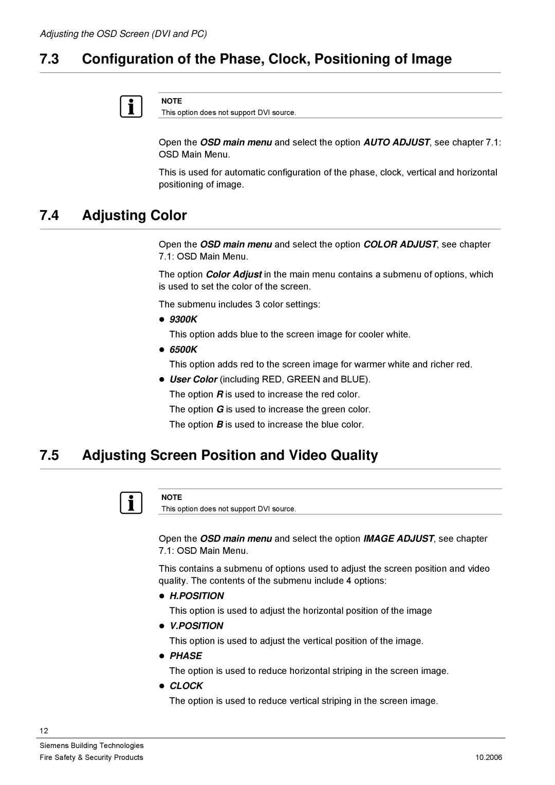 Siemens CMTC1720, CMTC1920 user manual Configuration of the Phase, Clock, Positioning of Image, Adjusting Color 