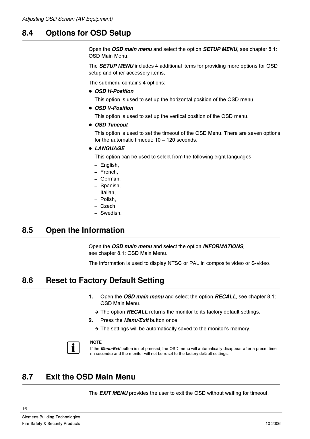 Siemens CMTC1720, CMTC1920 user manual OSD H-Position, OSD V-Position 