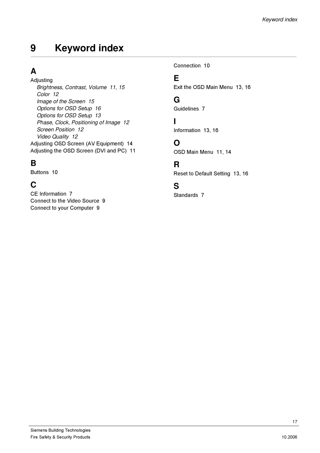 Siemens CMTC1920, CMTC1720 user manual Keyword index 