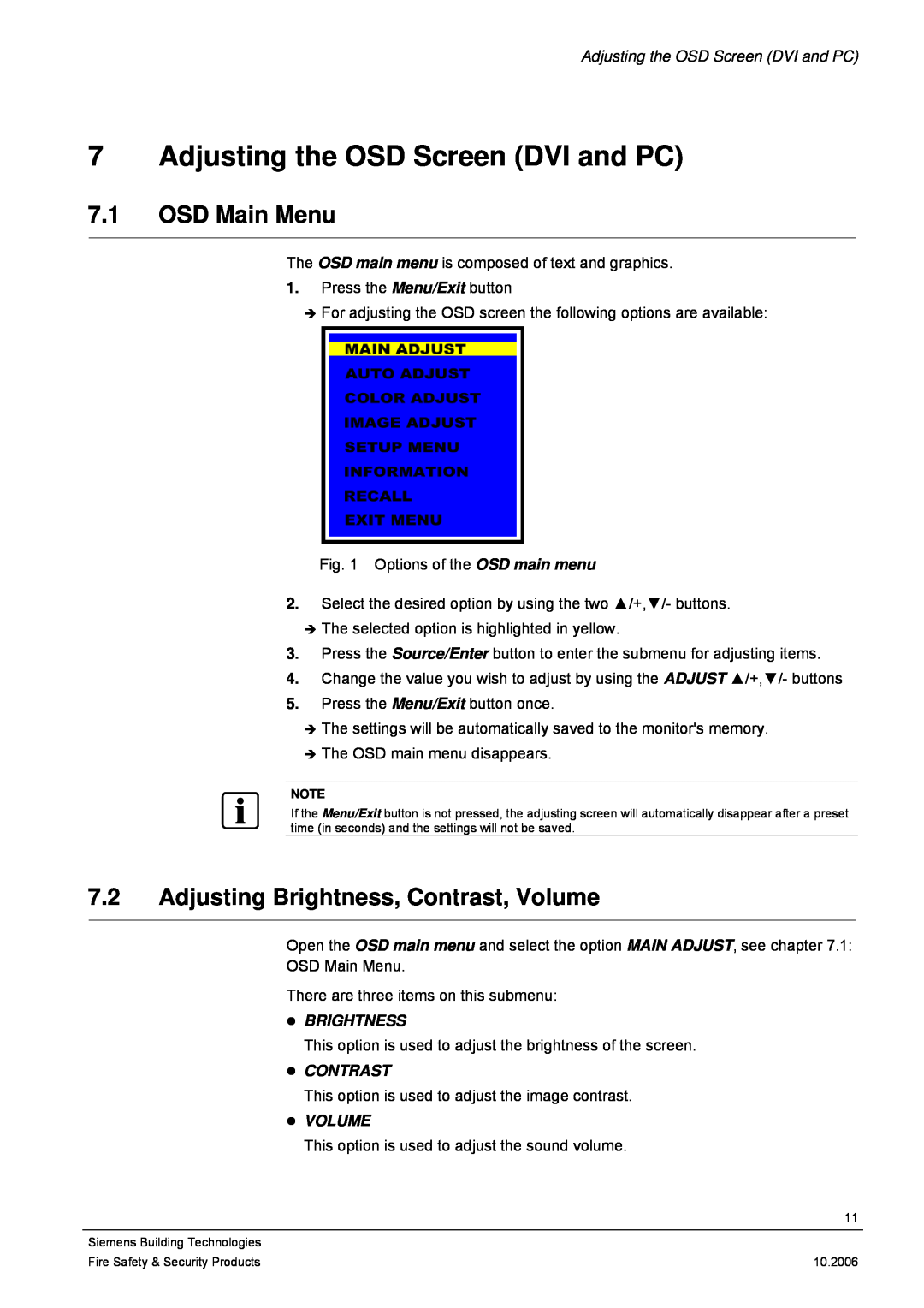 Siemens CMTC1920 Adjusting the OSD Screen DVI and PC, OSD Main Menu, Adjusting Brightness, Contrast, Volume, z BRIGHTNESS 