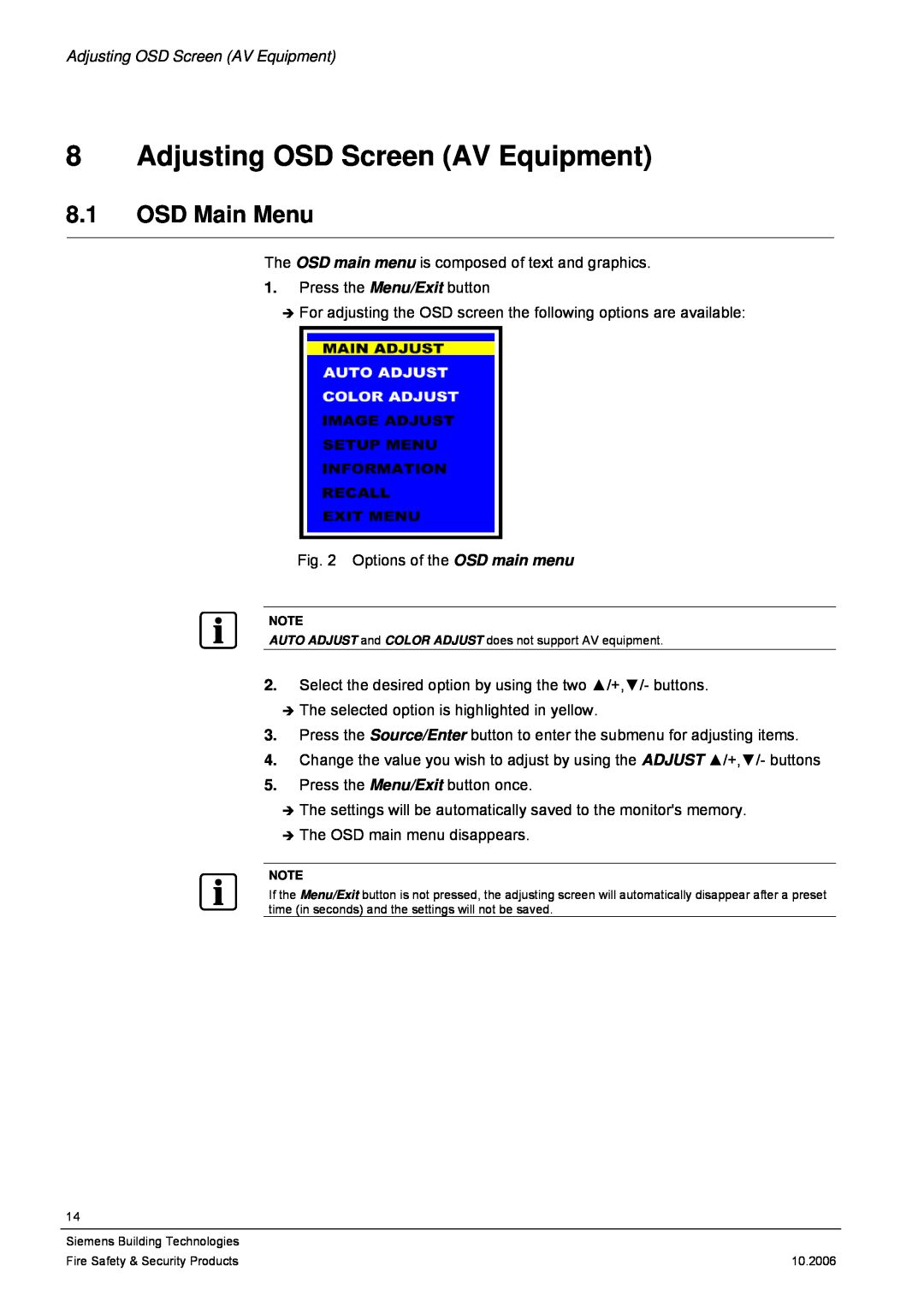 Siemens CMTC1720, CMTC1920 user manual Adjusting OSD Screen AV Equipment, OSD Main Menu 