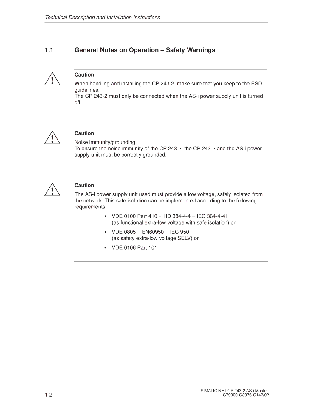 Siemens CP 243-2 installation instructions General Notes on Operation ± Safety Warnings 