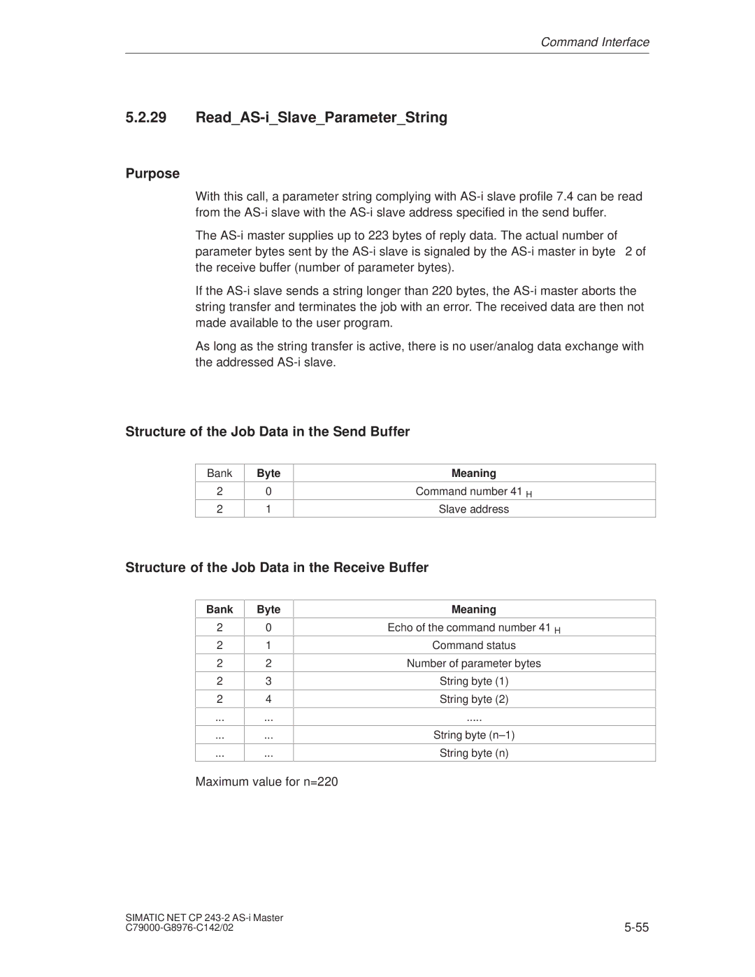 Siemens CP 243-2 installation instructions ReadAS-iSlaveParameterString, Byte Meaning 