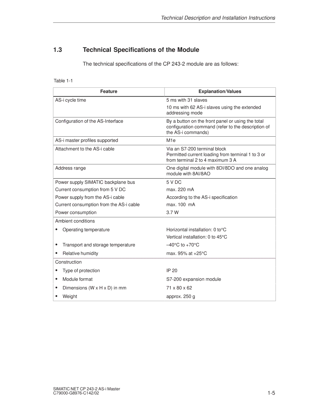 Siemens CP 243-2 installation instructions Technical Specifications of the Module, Feature, Explanation/Values 