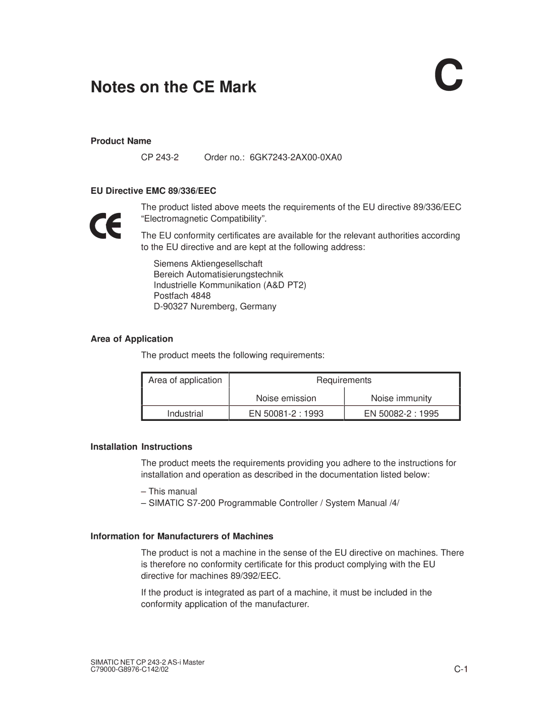 Siemens CP 243-2 Product Name, EU Directive EMC 89/336/EEC, Area of Application, Installation Instructions 