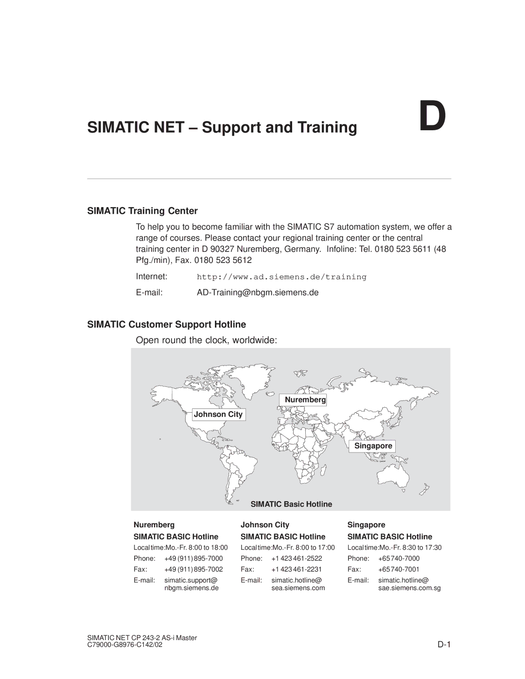 Siemens CP 243-2 Simatic NET ± Support and Training, Simatic Training Center, Simatic Customer Support Hotline 