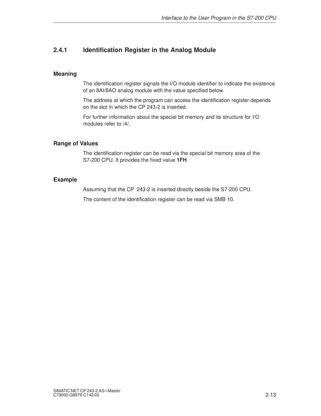 Siemens CP 243-2 installation instructions Identification Register in the Analog Module, Meaning 