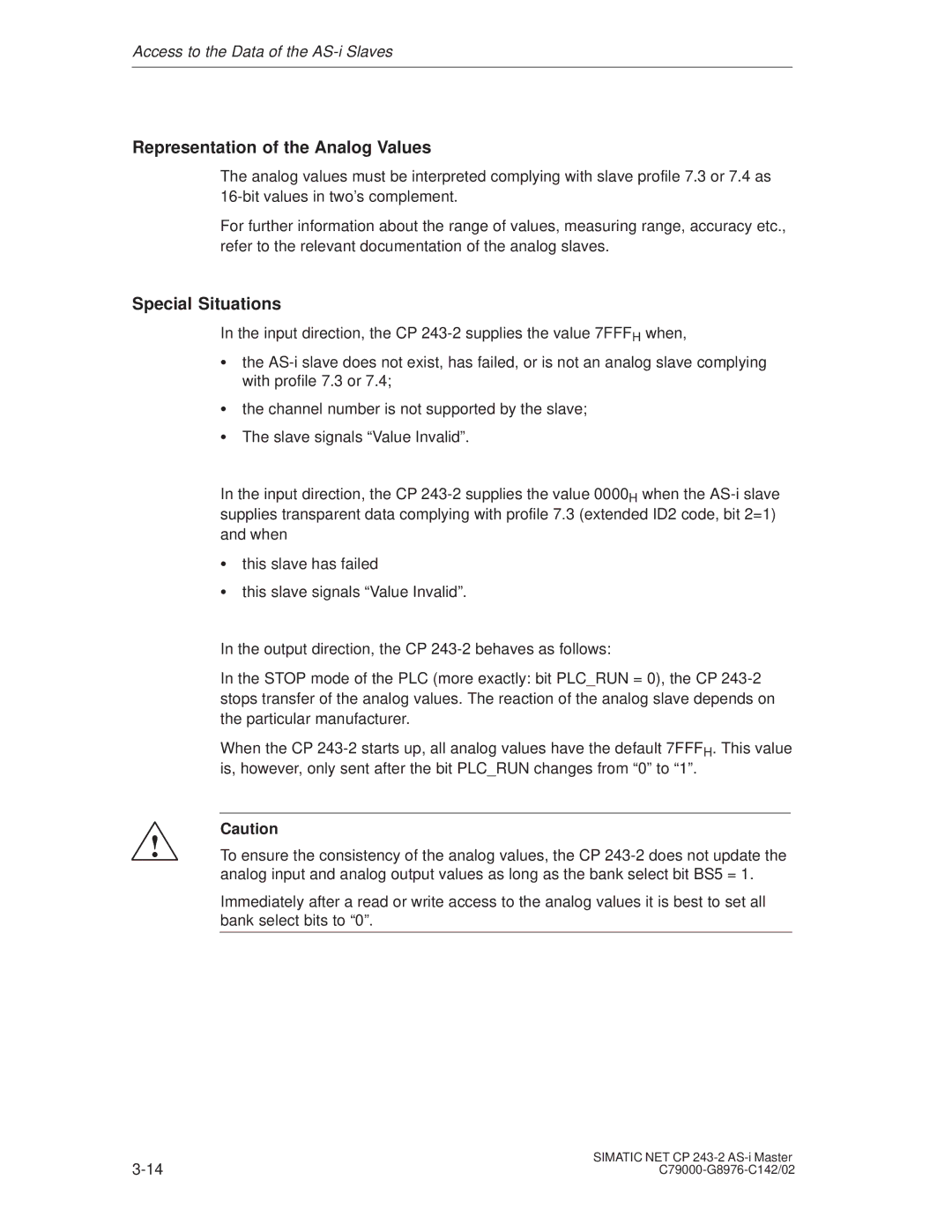 Siemens CP 243-2 installation instructions Representation of the Analog Values, Special Situations 