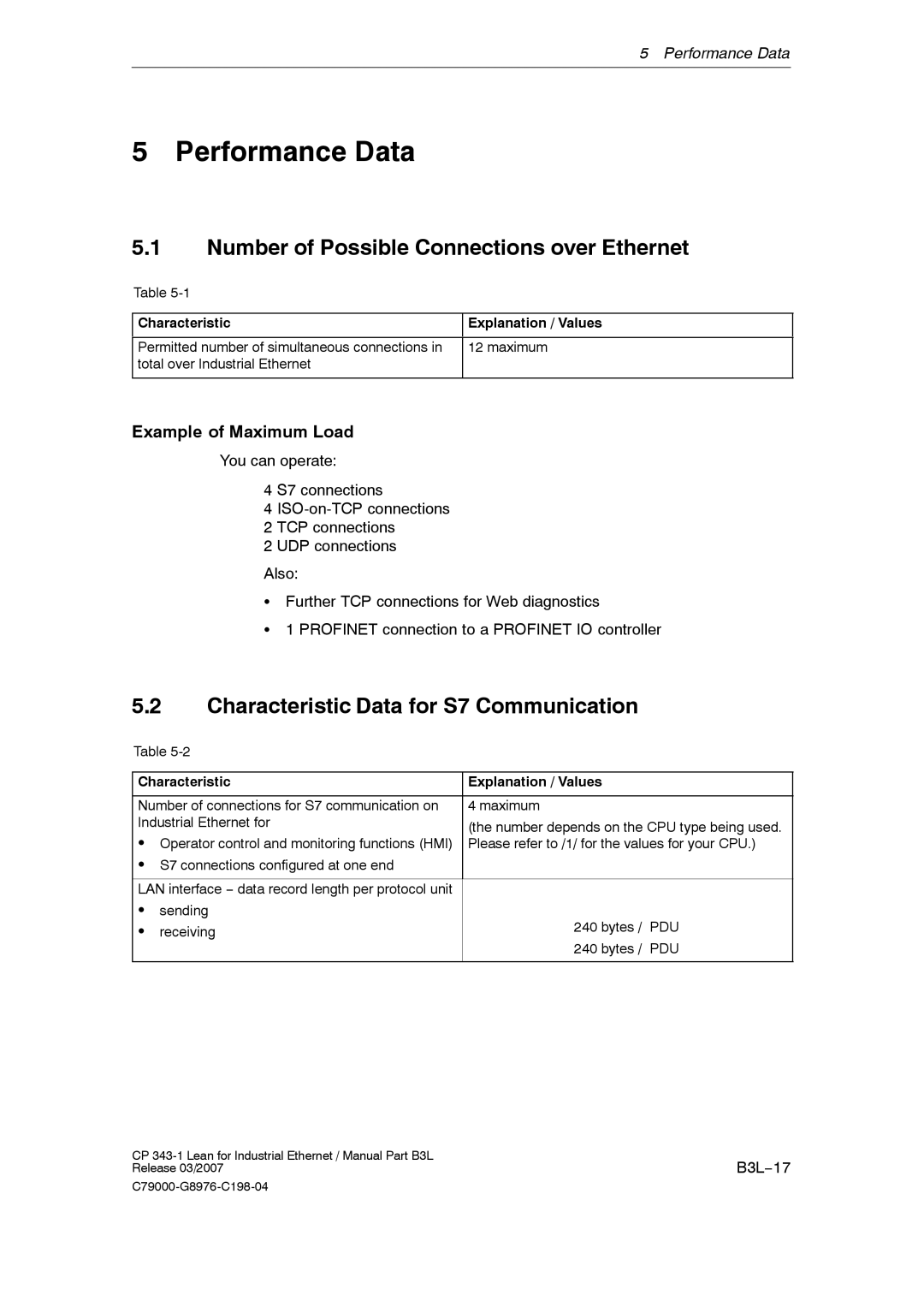 Siemens CP 343-1 Performance Data, Number of Possible Connections over Ethernet, Characteristic Data for S7 Communication 